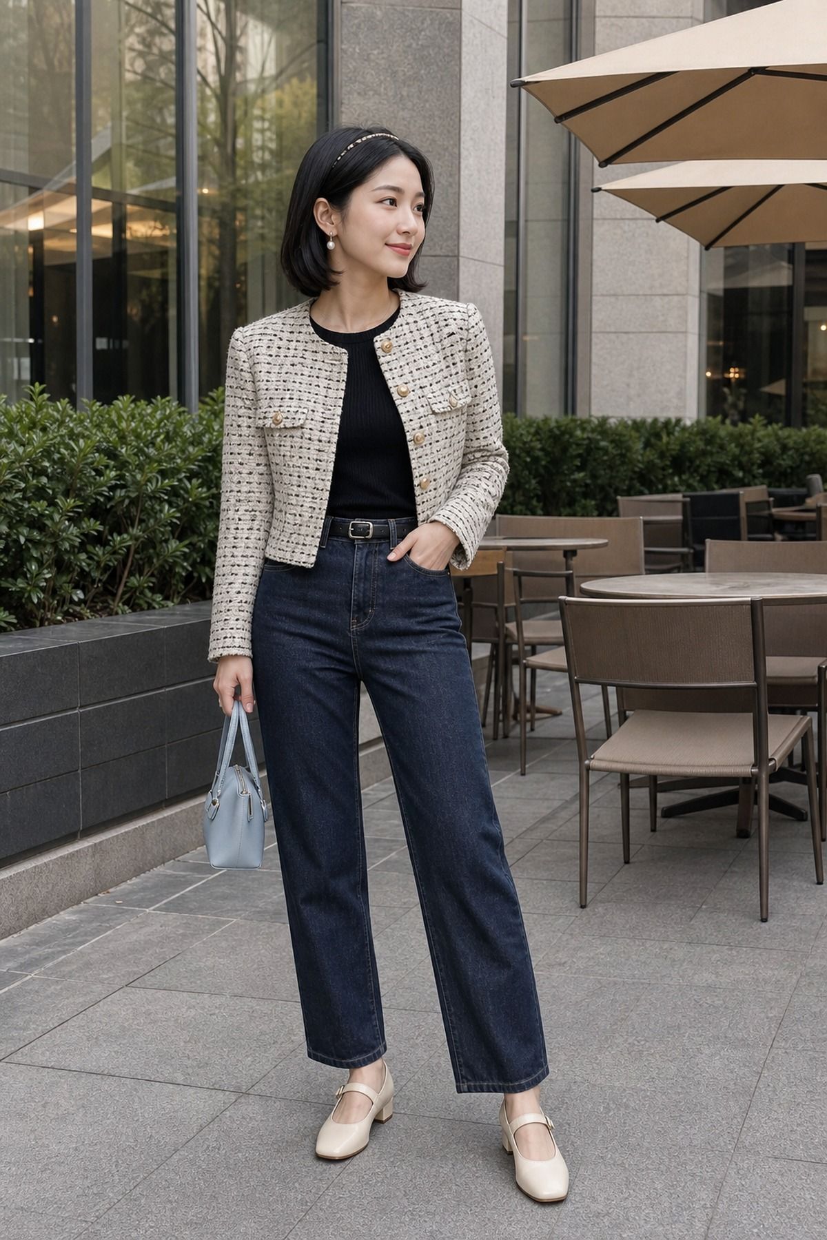 Woman in a cream tweed jacket over a black top with dark straight jeans, cream Mary Jane flats and a light blue bag on a patio