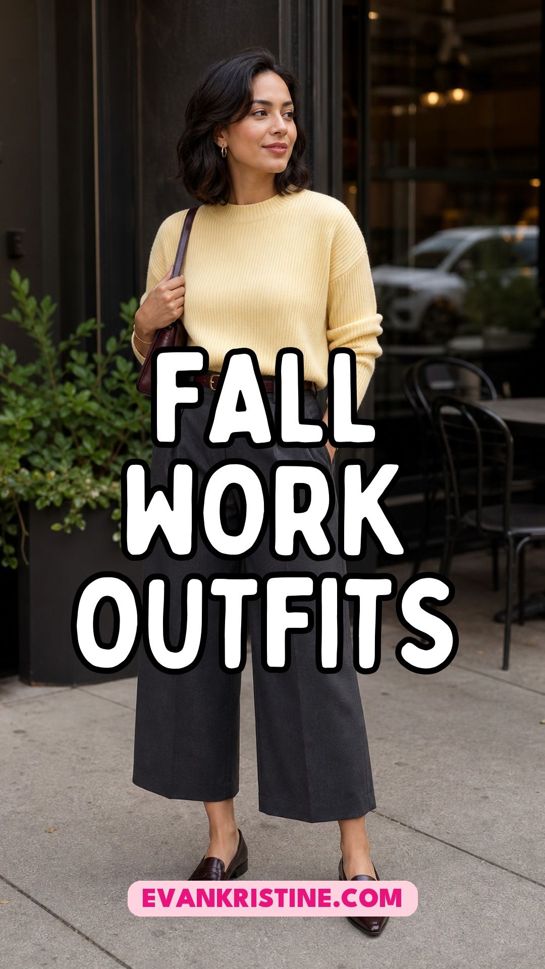 Woman in a butter yellow fine knit sweater and charcoal wide-leg trousers outside a cafe, casual work outfits for fall pin