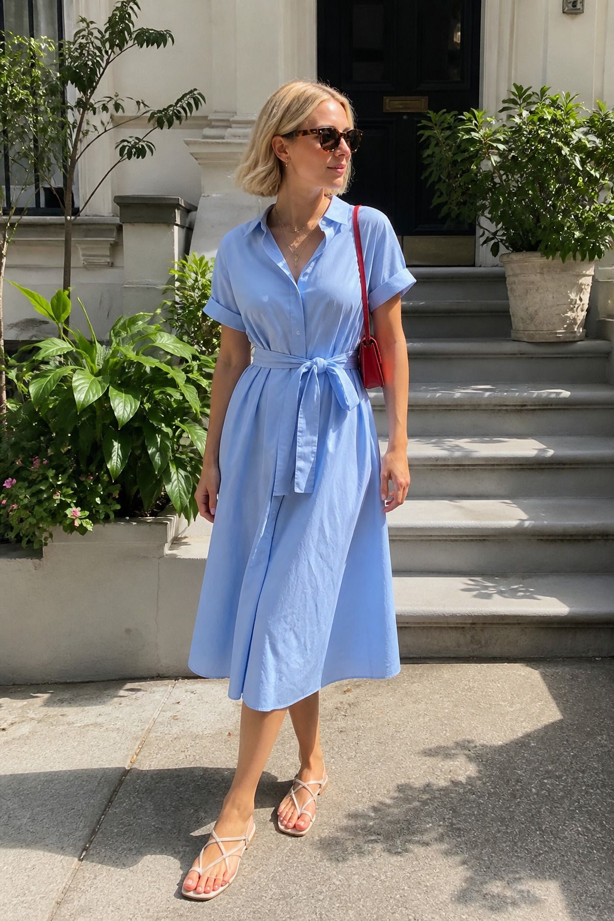 Woman wearing a poplin dress with flat sandals