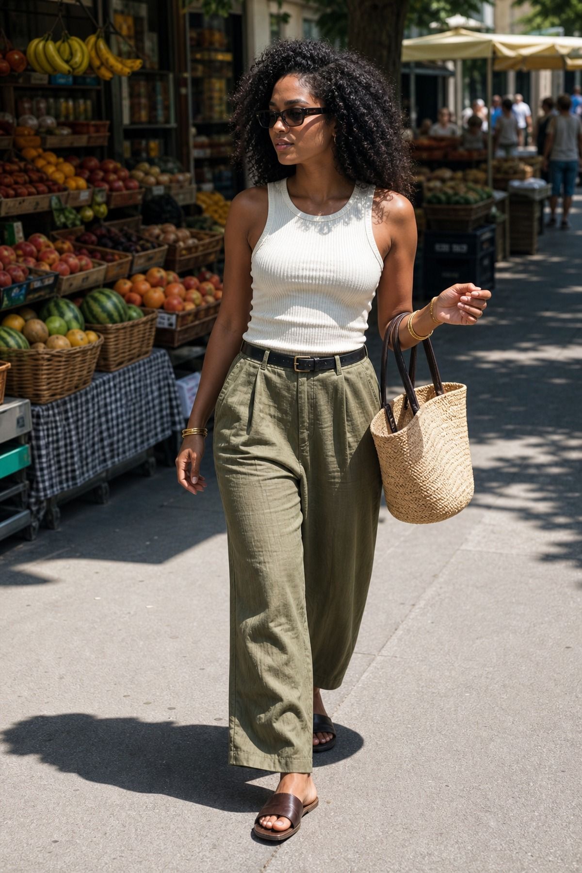 Woman wearing a ribbed tank with linen pants