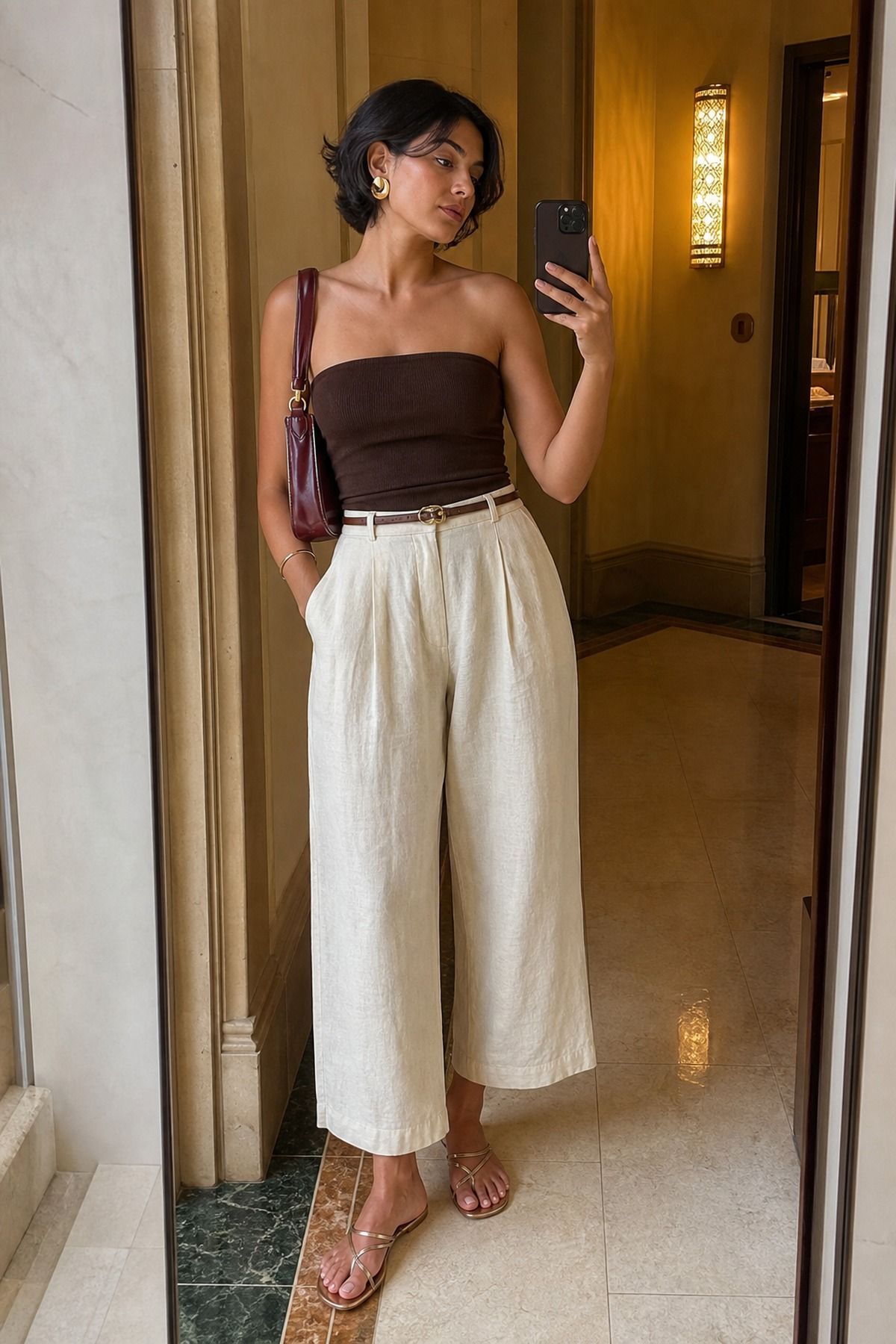 Woman wearing a tube top with wide-leg trousers