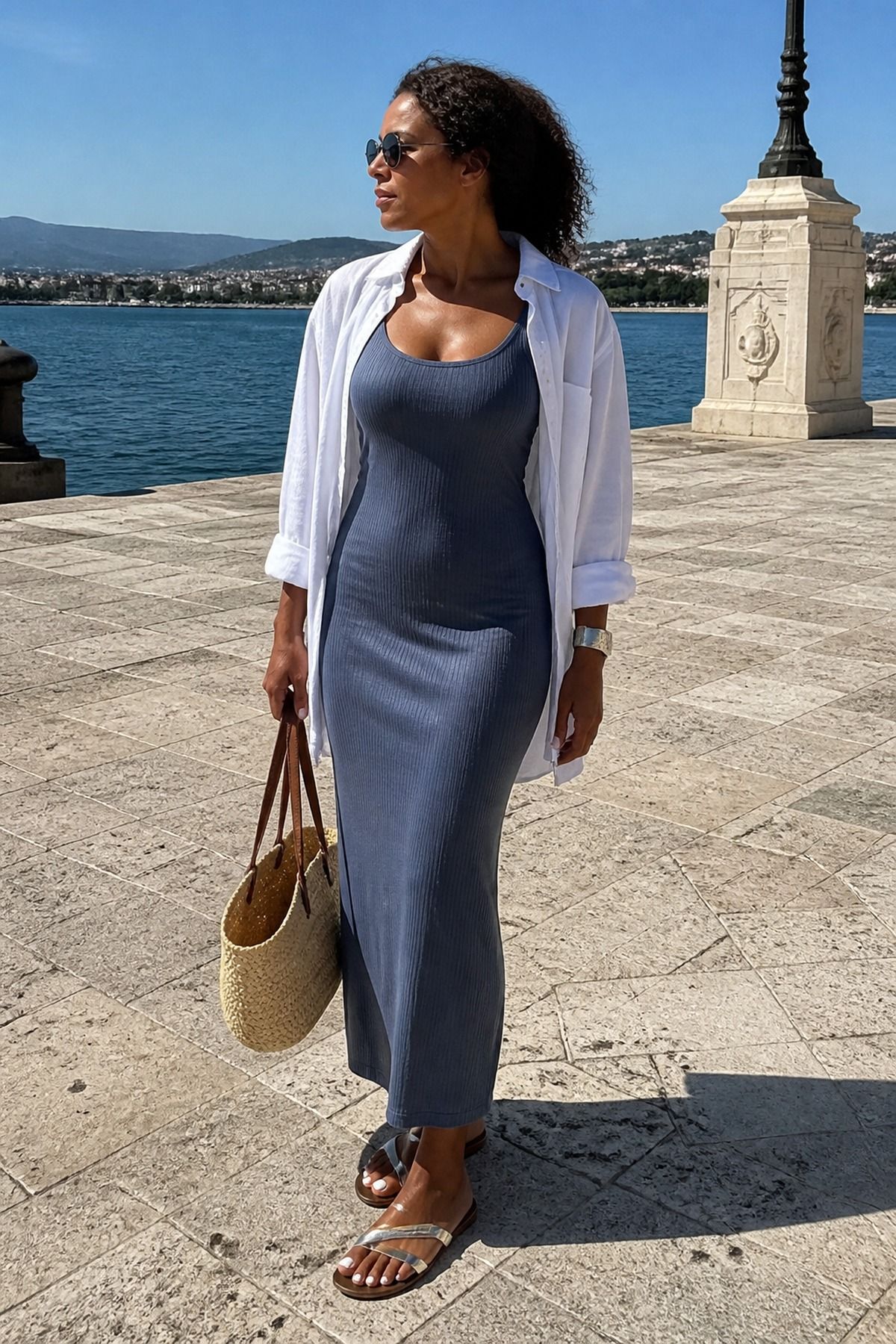 Woman wearing a tank dress with a button down