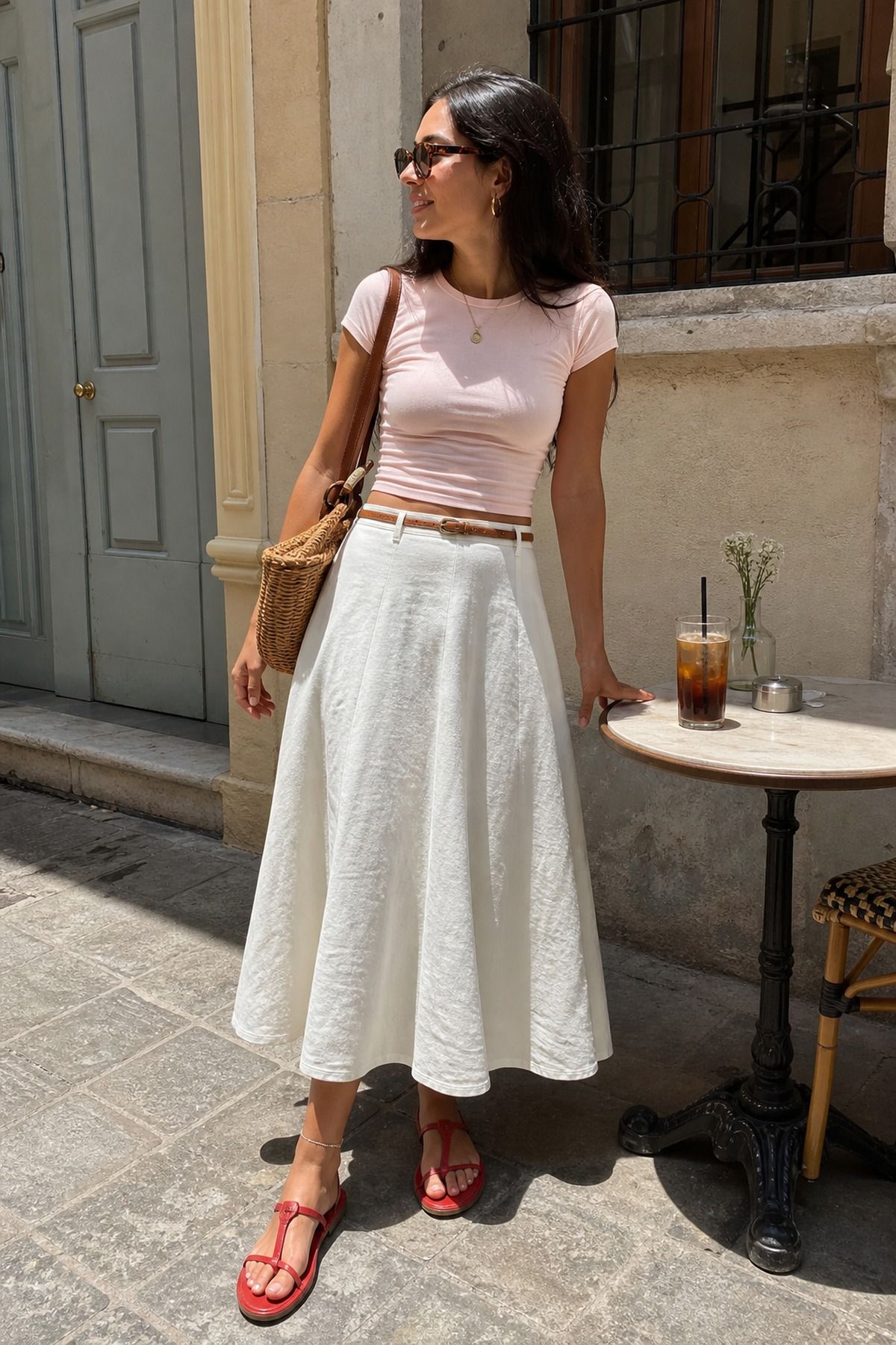 Woman wearing a linen skirt with a baby tee