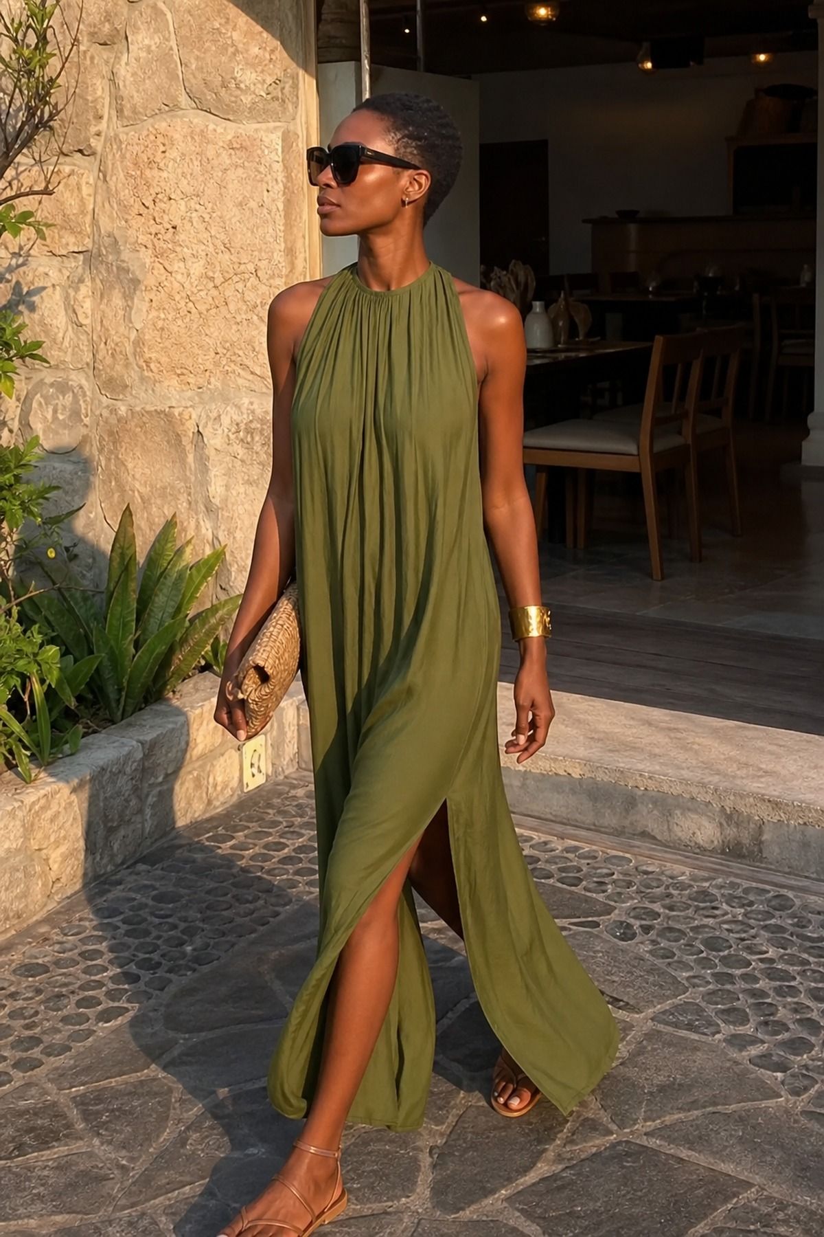 Woman wearing a maxi dress with bare sandals