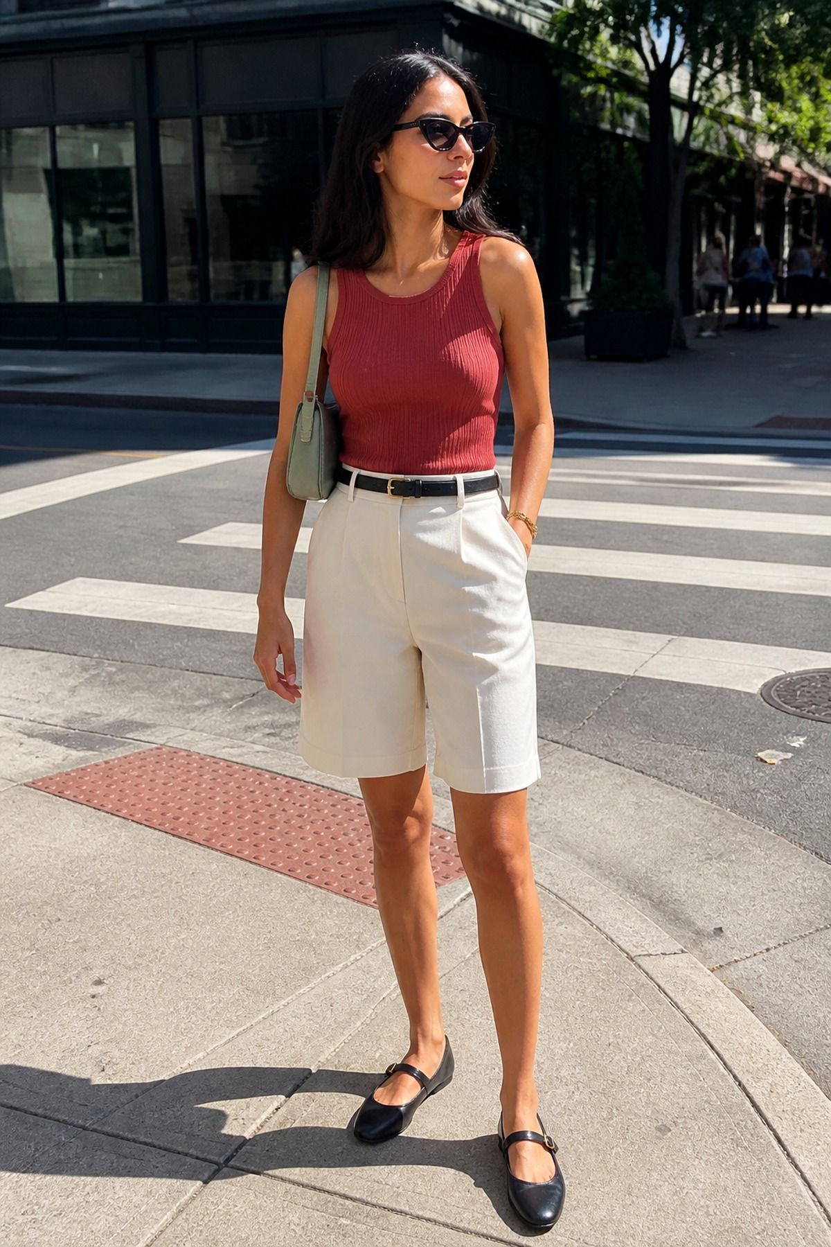 Woman wearing bermuda shorts with a tank