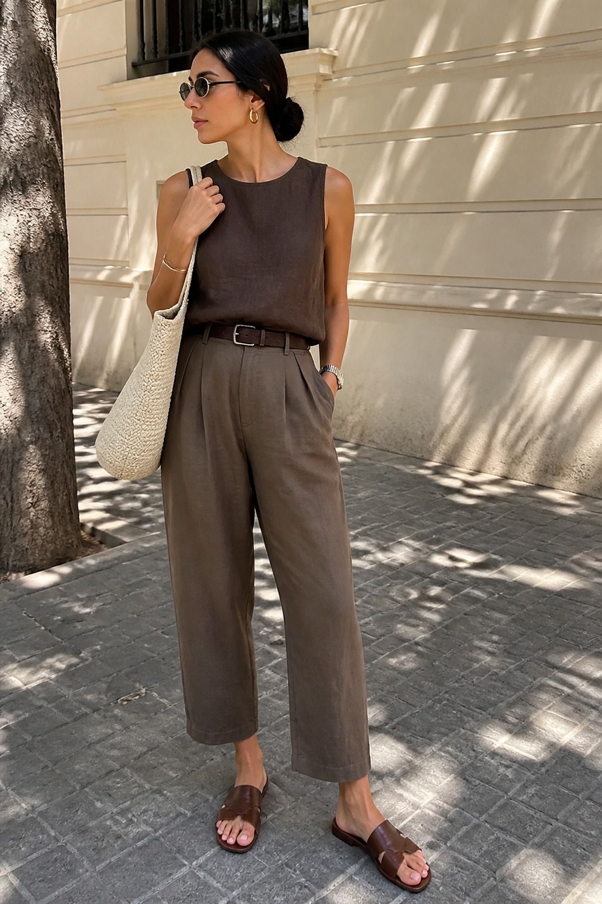 Woman wearing a monochrome linen outfit