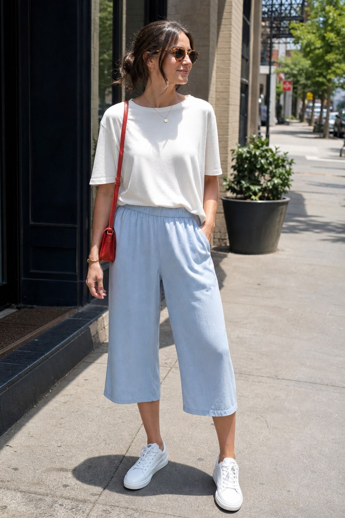 Woman wearing a loose tee with breezy capri pants, a hot weather outfit