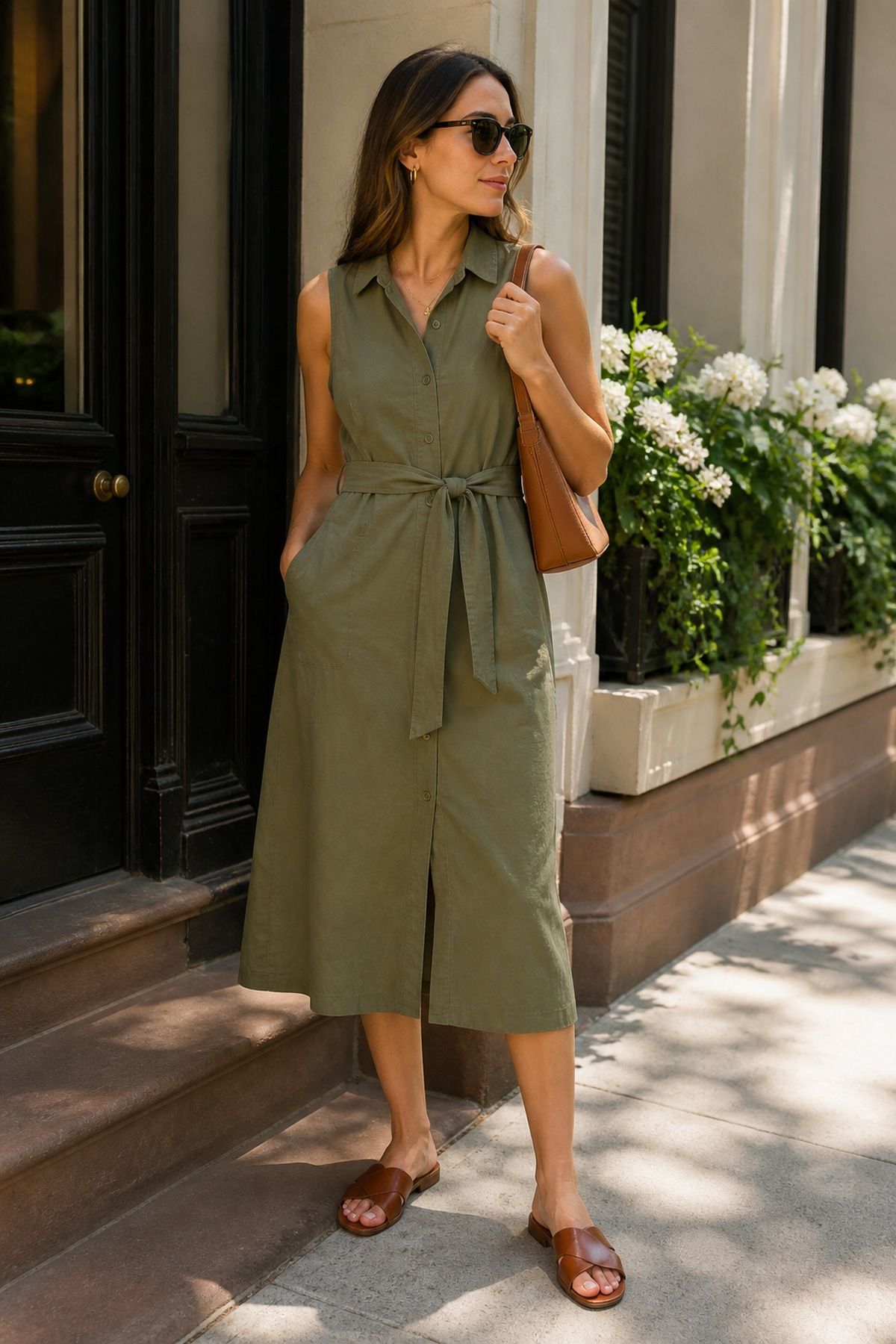 Woman wearing a sleeveless shirtdress with leather slides, a hot weather outfit