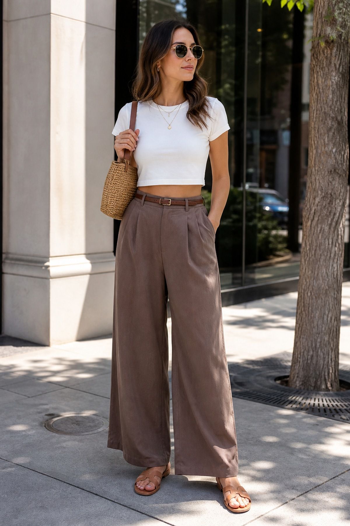 Woman wearing wide-leg cotton pants with a cropped tee, a hot weather outfit