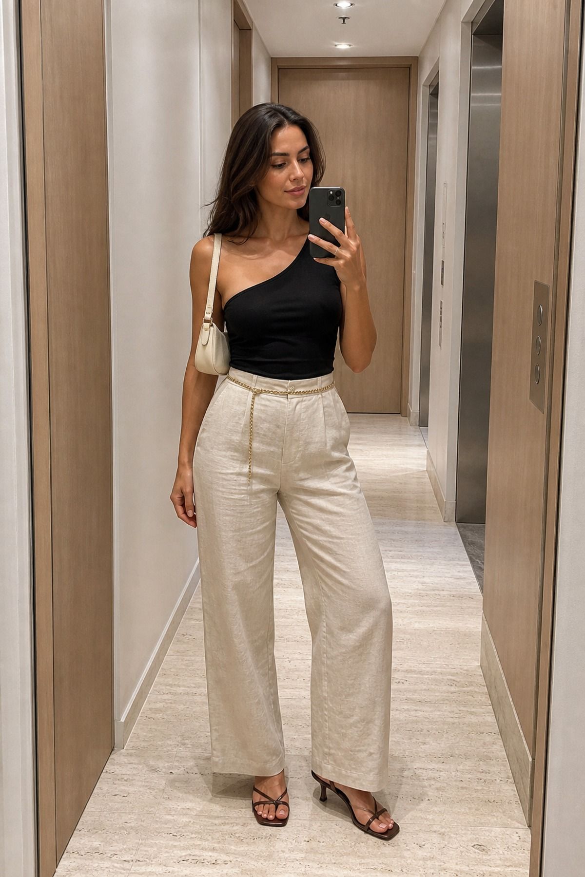 Woman wearing linen pants with a one-shoulder top