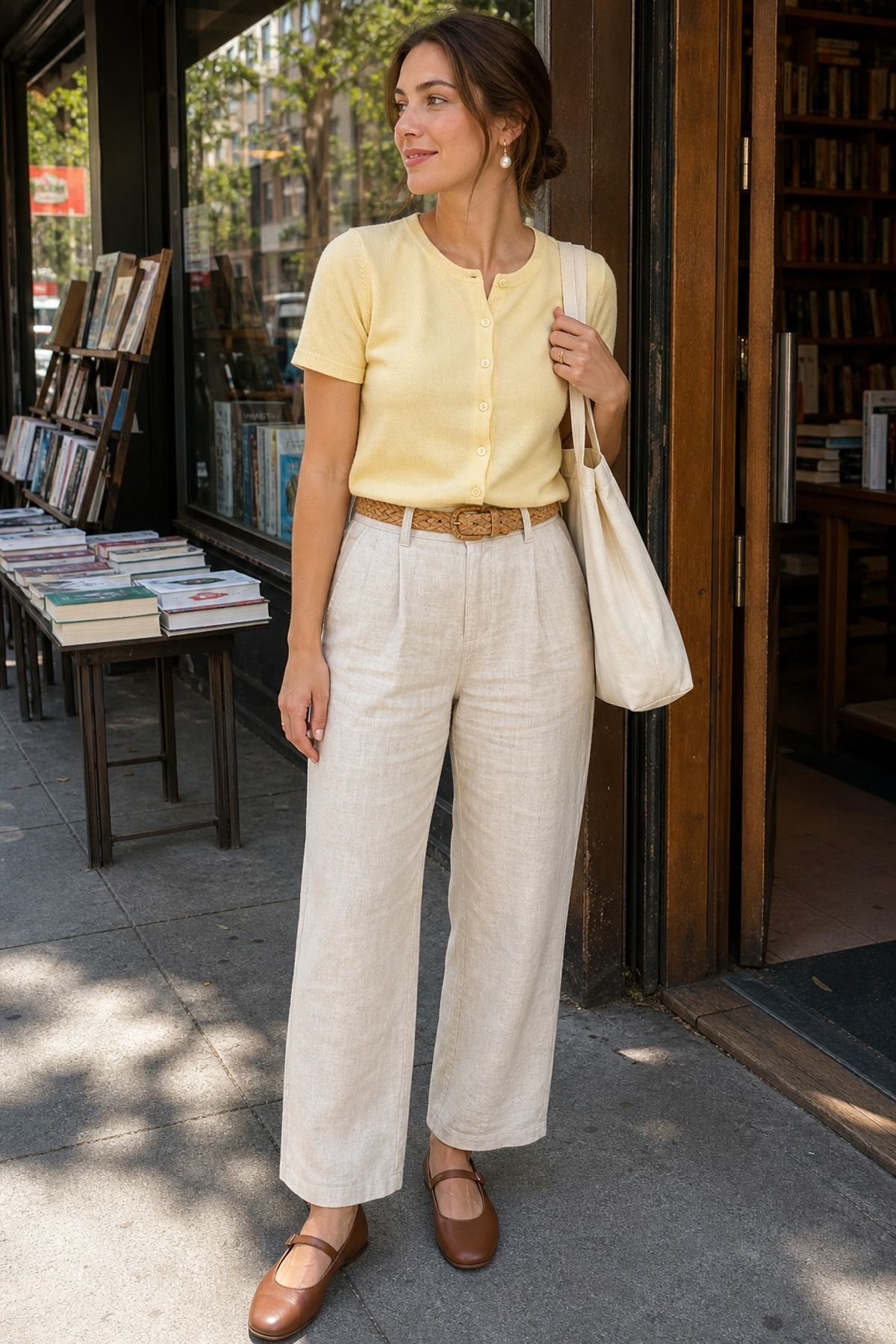 Woman wearing linen pants with a short sleeve cardigan