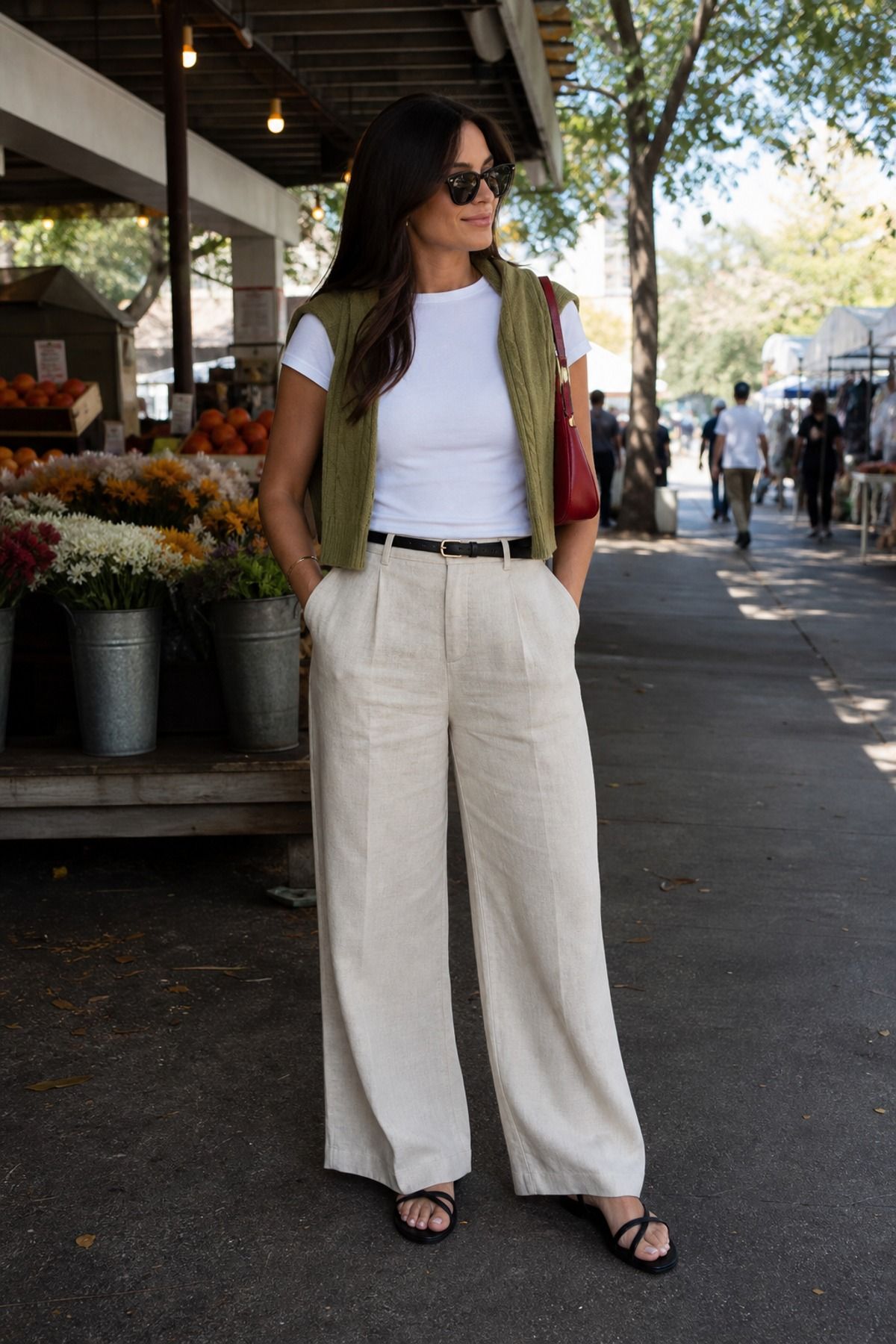 Woman wearing linen pants with a white tee