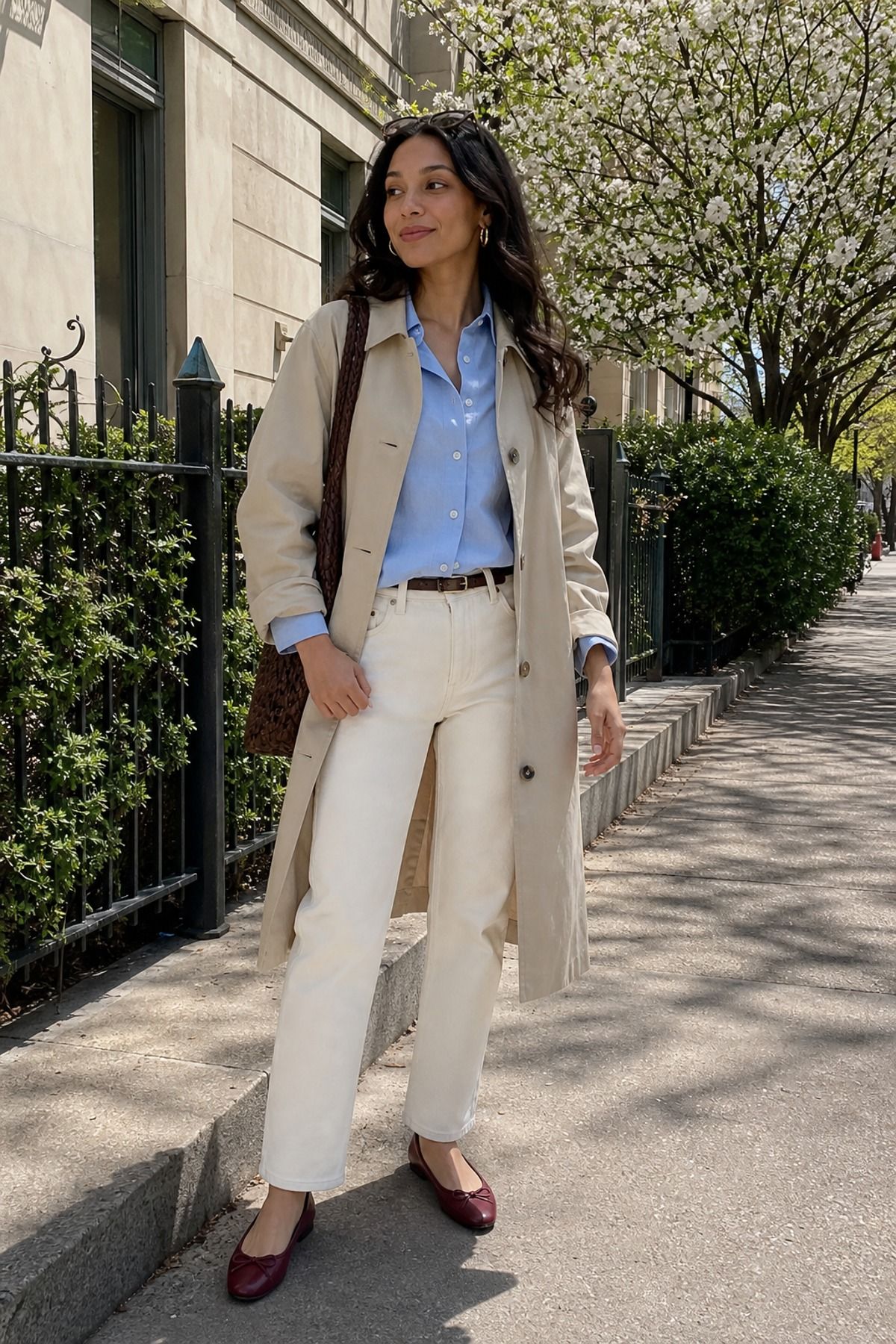 Woman wearing a lightweight trench coat