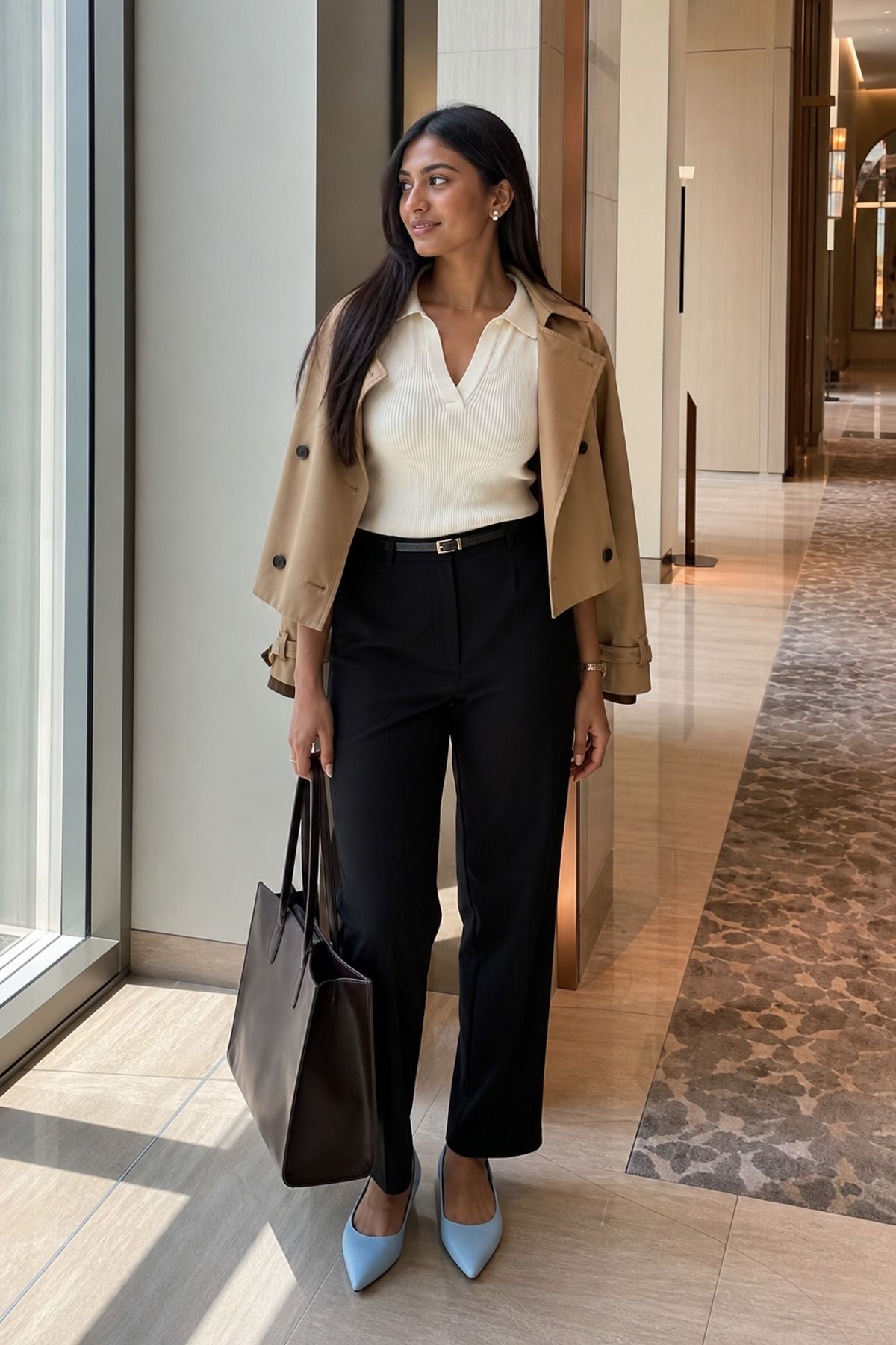 Woman wearing black straight trousers