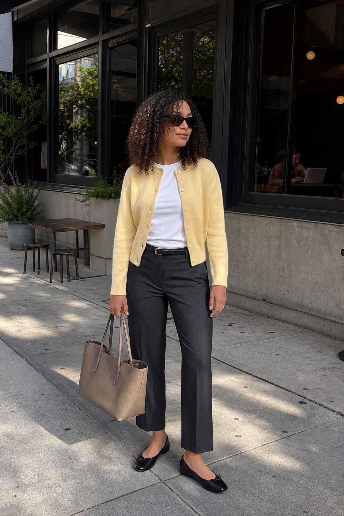 Woman wearing a structured tote