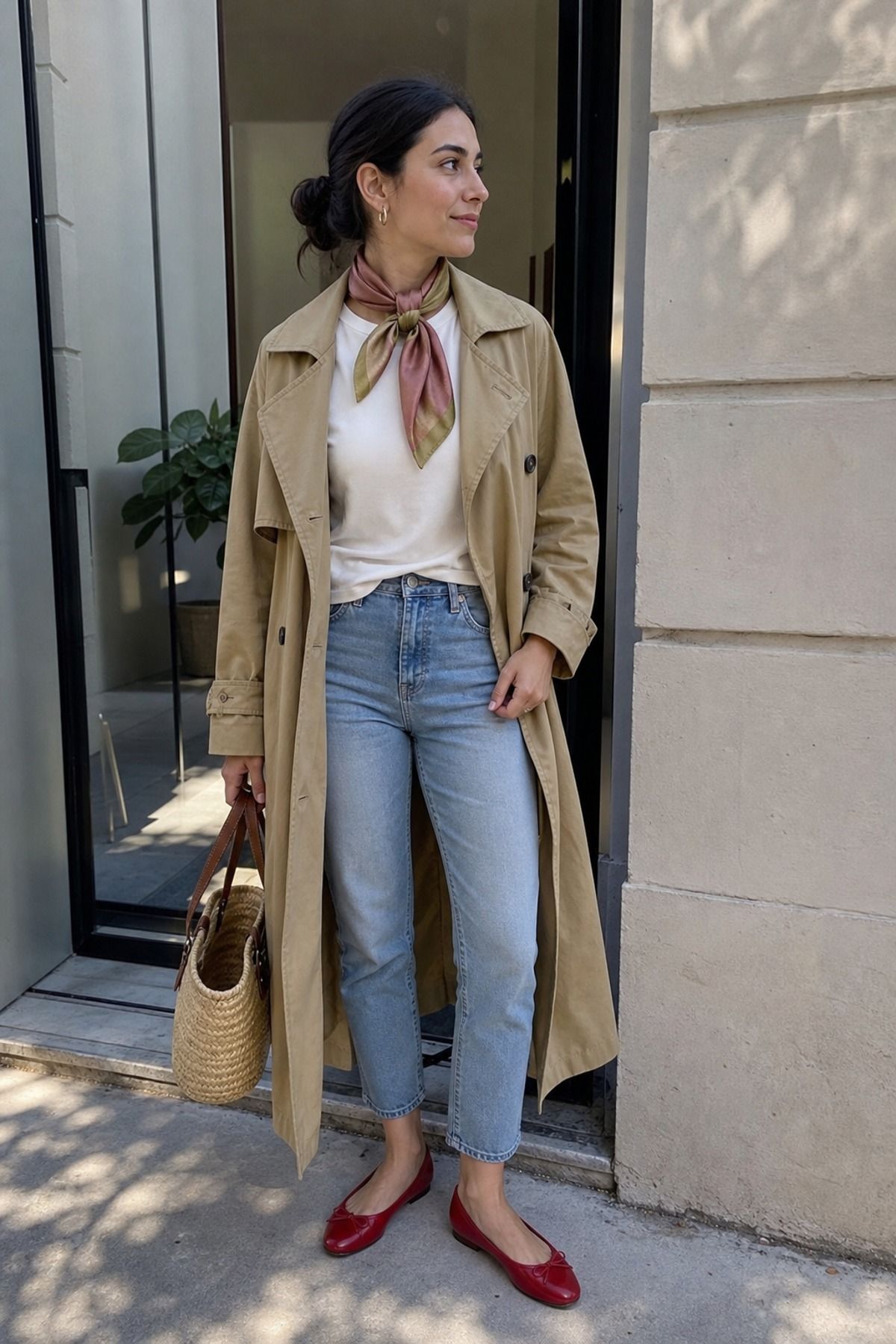 Woman wearing a silk or satin scarf