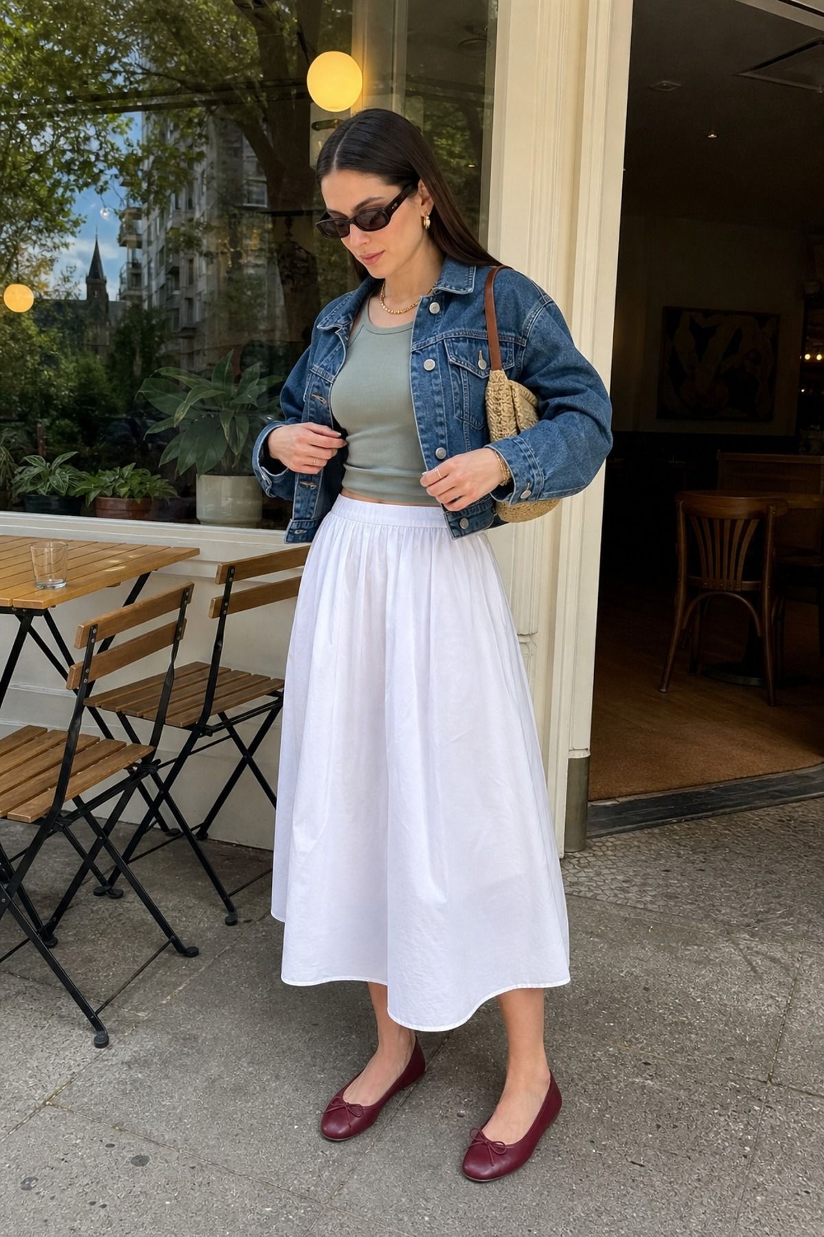 Woman wearing a poplin skirt