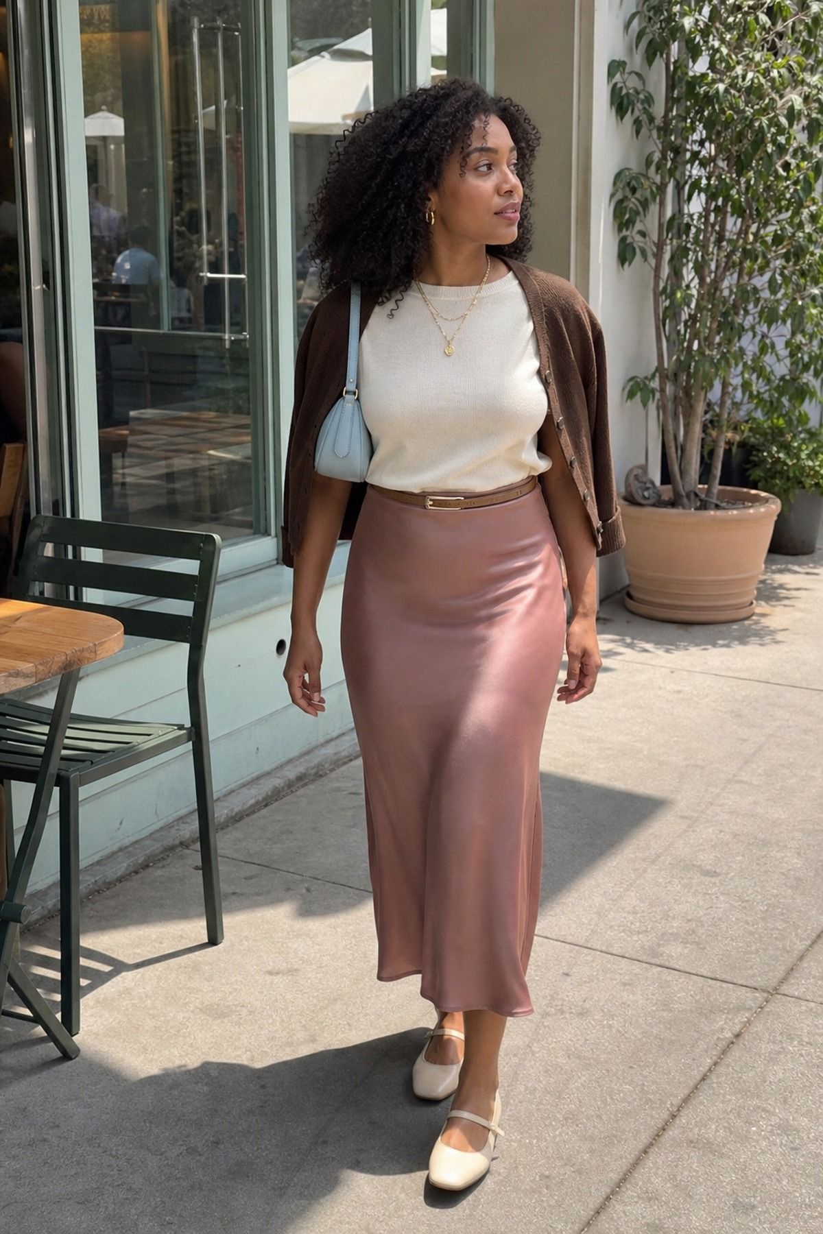 Woman wearing a slip skirt with a fine knit top, a spring dinner outfit