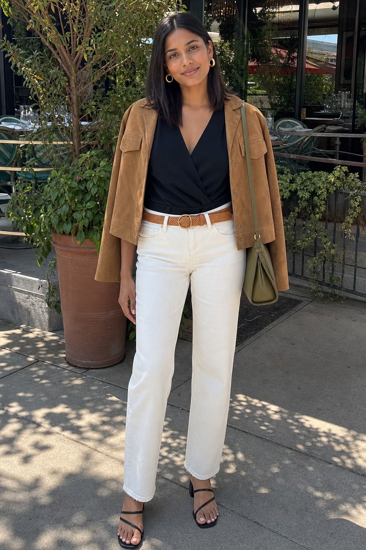 Woman wearing white jeans with a black wrap top, a spring dinner outfit