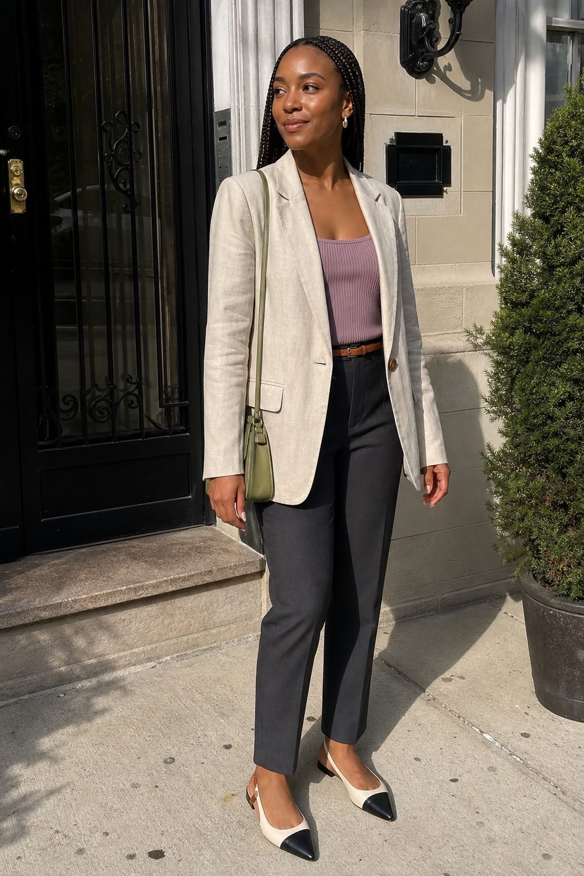 Woman wearing a linen blazer over a knit tank, a spring dinner outfit