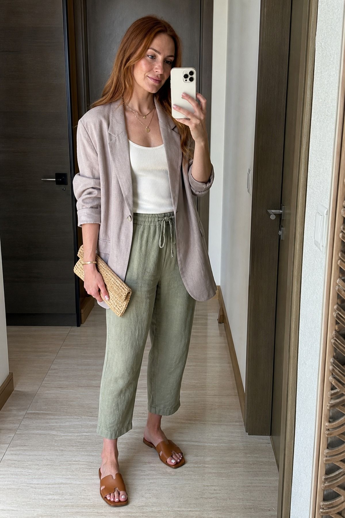 Woman wearing a soft blazer with drawstring linen pants, a spring jacket outfit