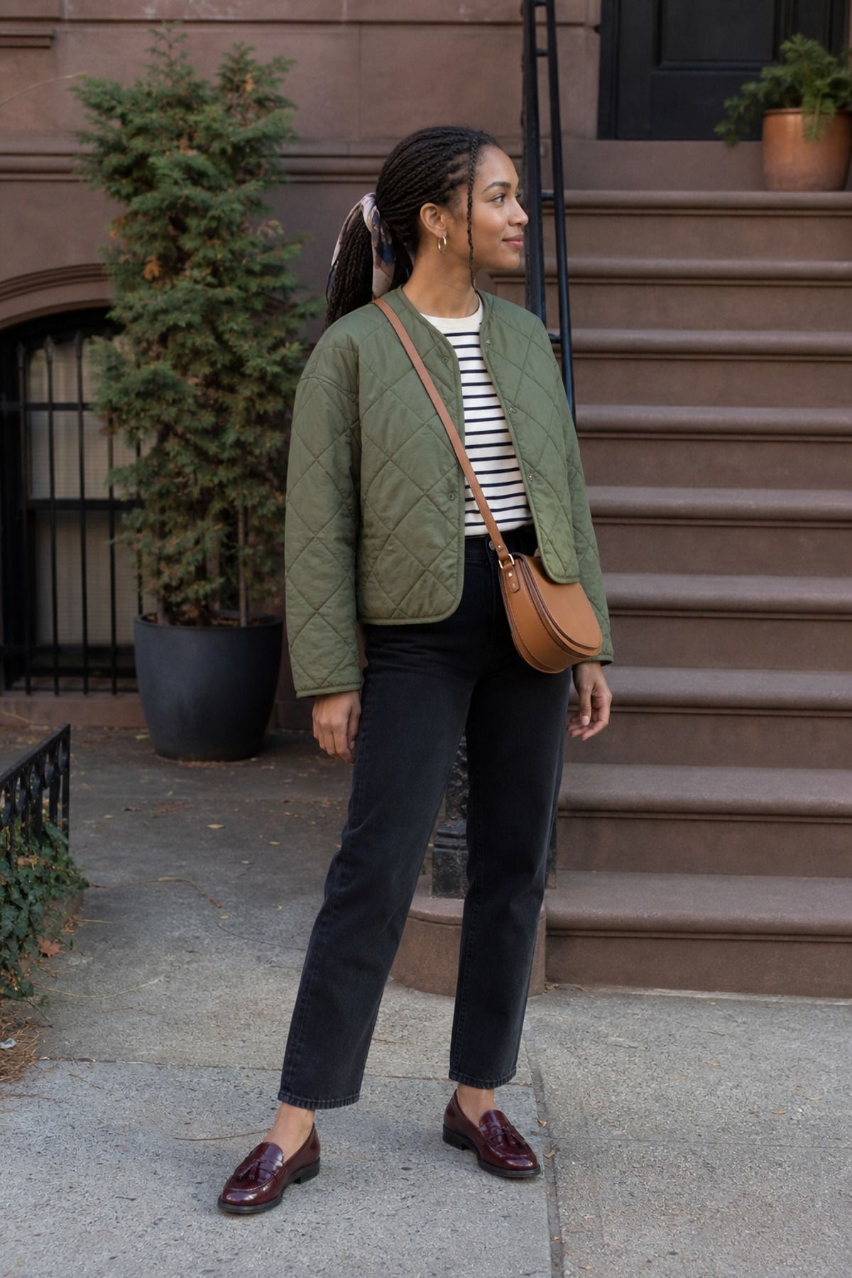Woman wearing a quilted jacket with a striped tee and black jeans, a spring jacket outfit