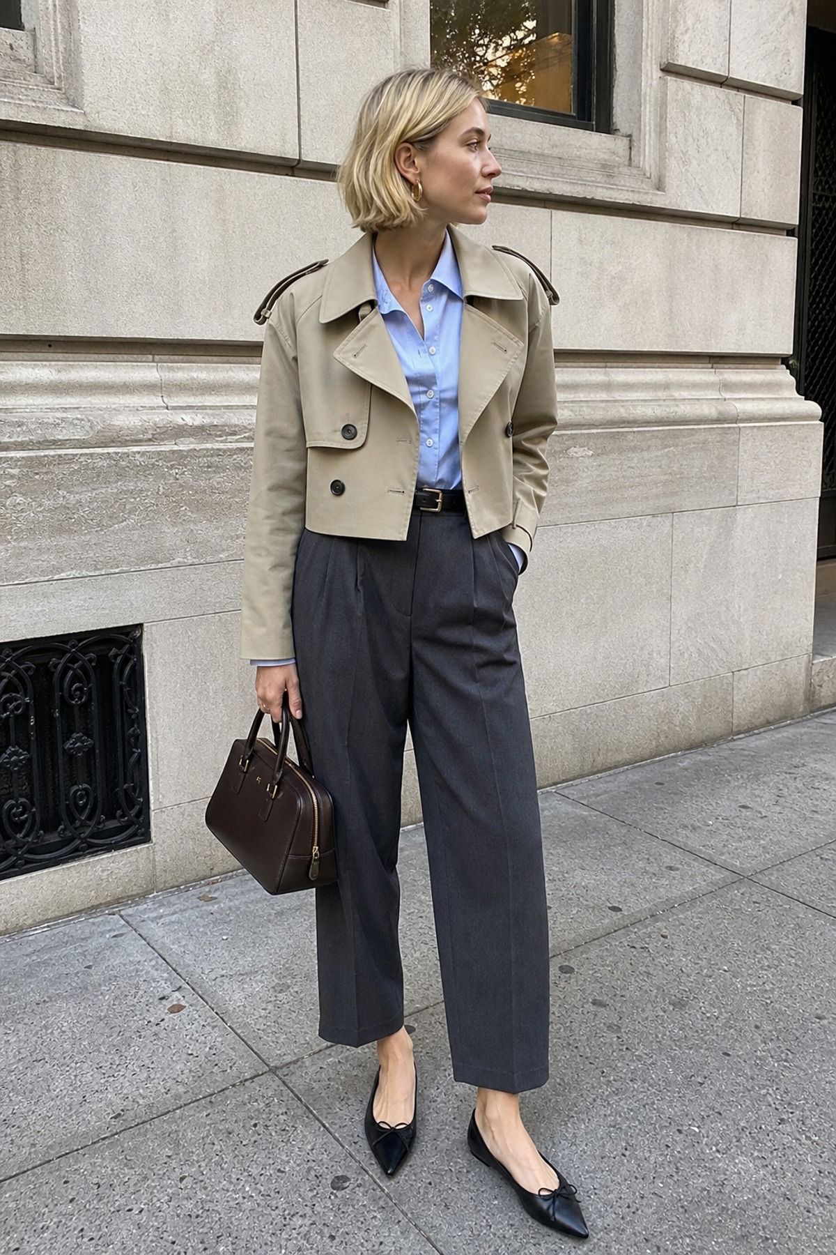 Woman wearing a cropped trench jacket with high waist trousers, a spring jacket outfit