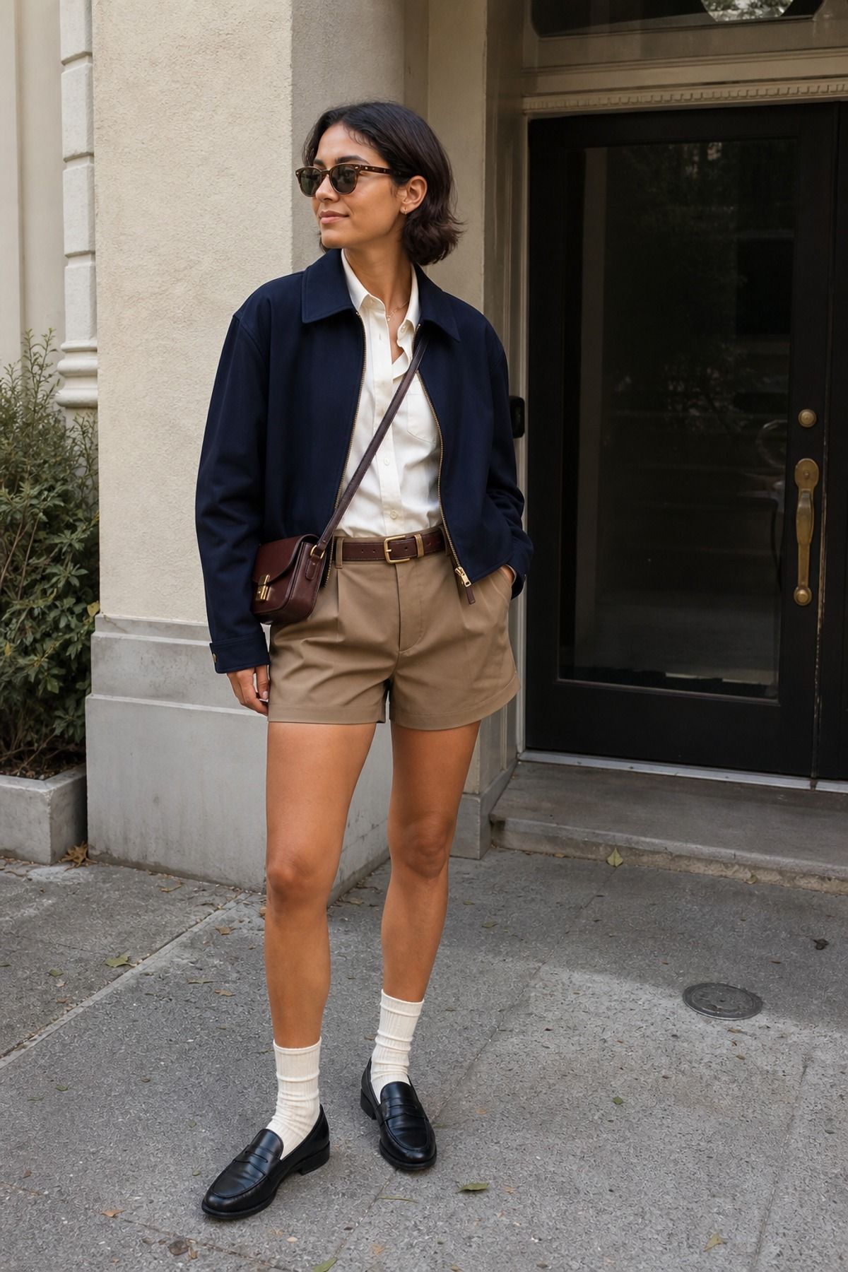 Woman wearing a harrington jacket with tailored shorts, a spring jacket outfit