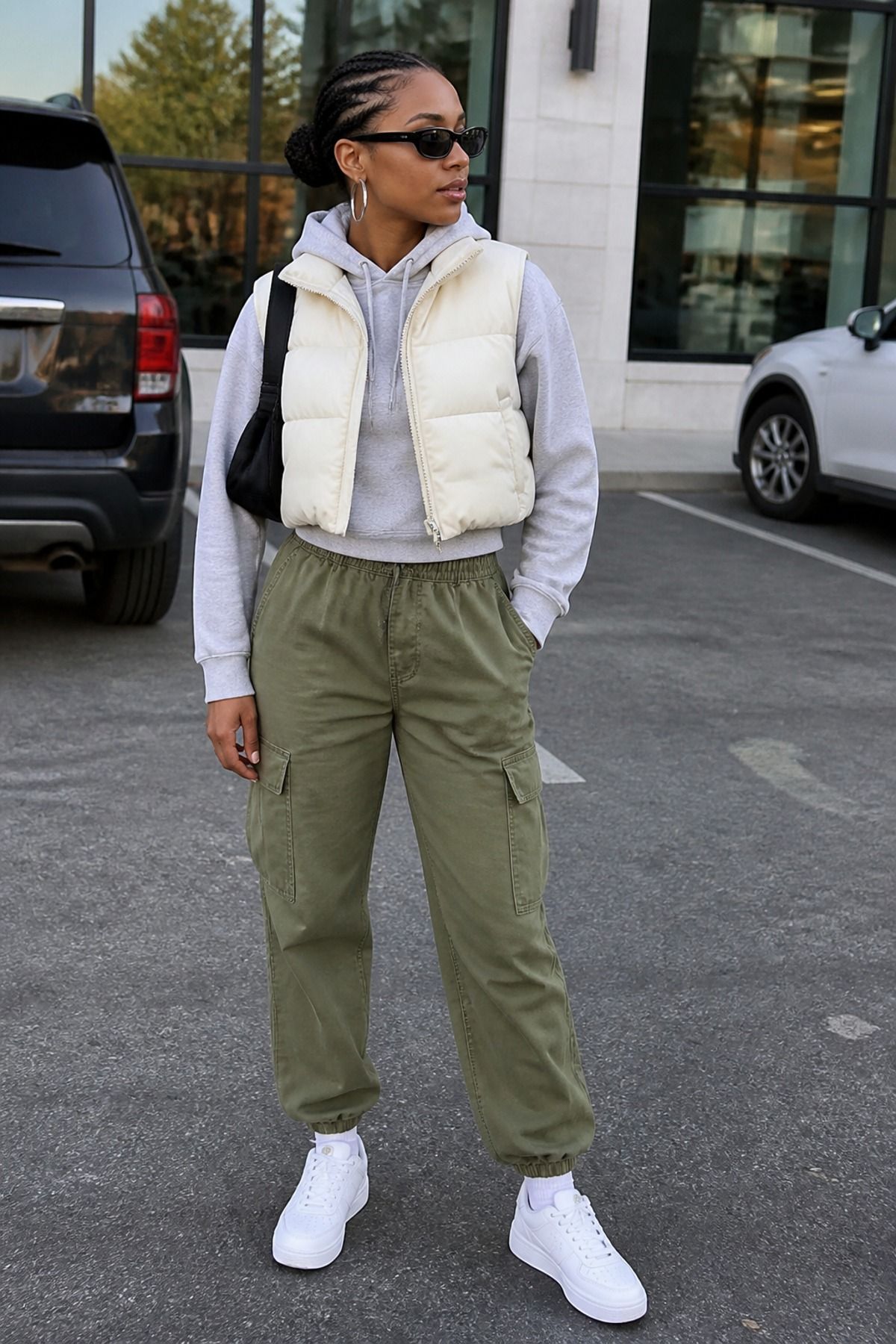 Woman wearing a cropped puffer vest with a hoodie and cargo pants, a spring jacket outfit
