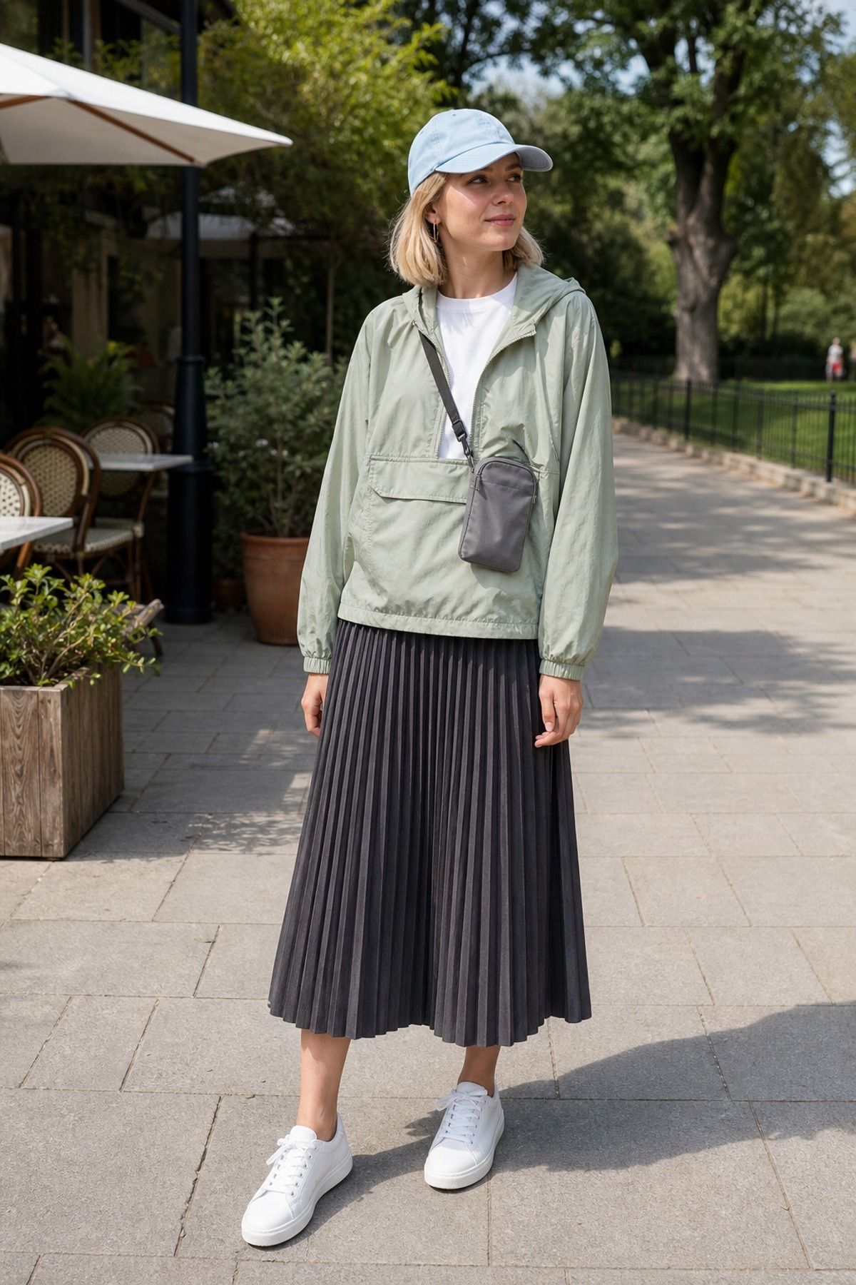 Woman wearing an anorak jacket with a pleated skirt and sneakers, a spring jacket outfit