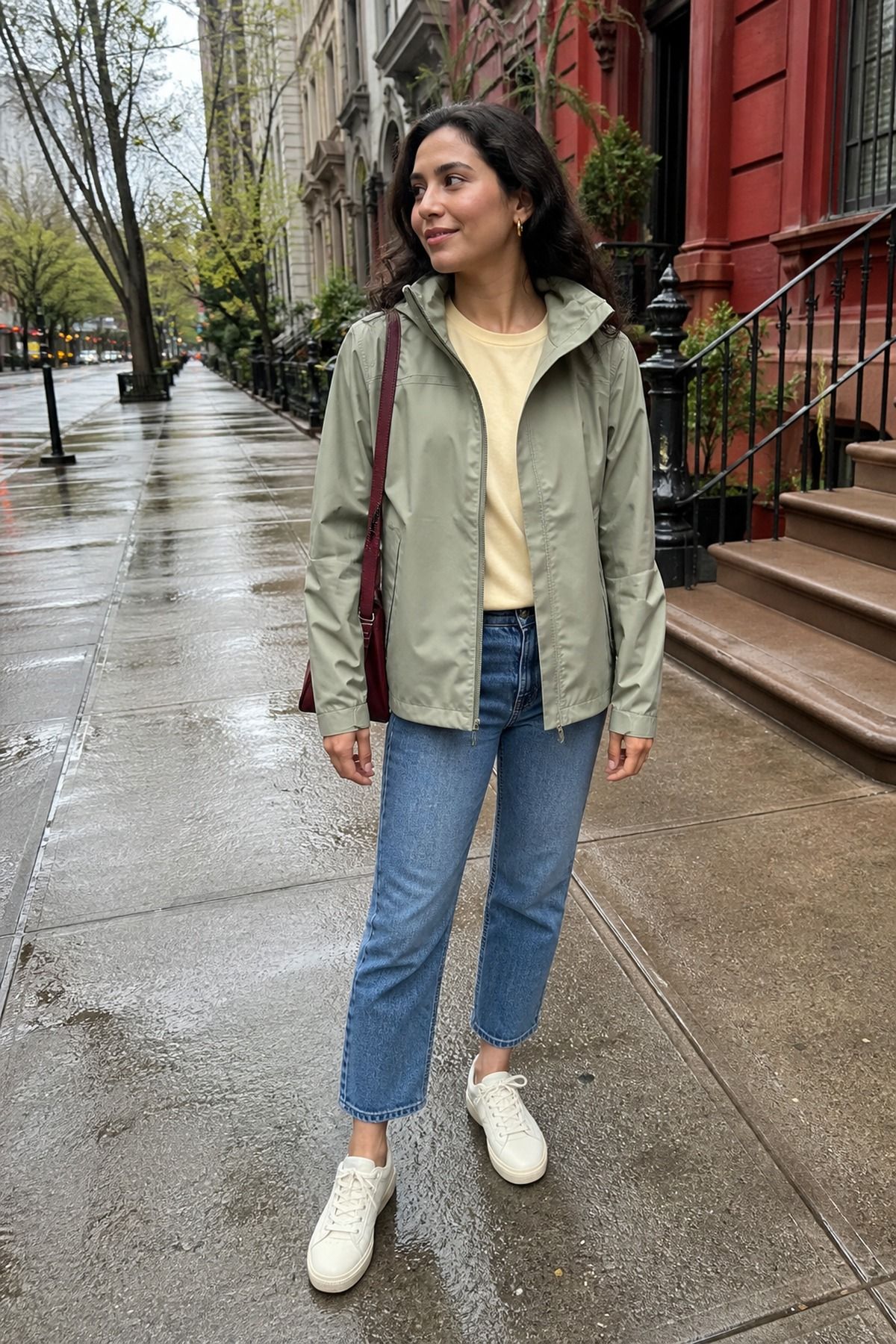 Woman wearing a packable rain jacket with cropped straight jeans, a spring rainy day outfit