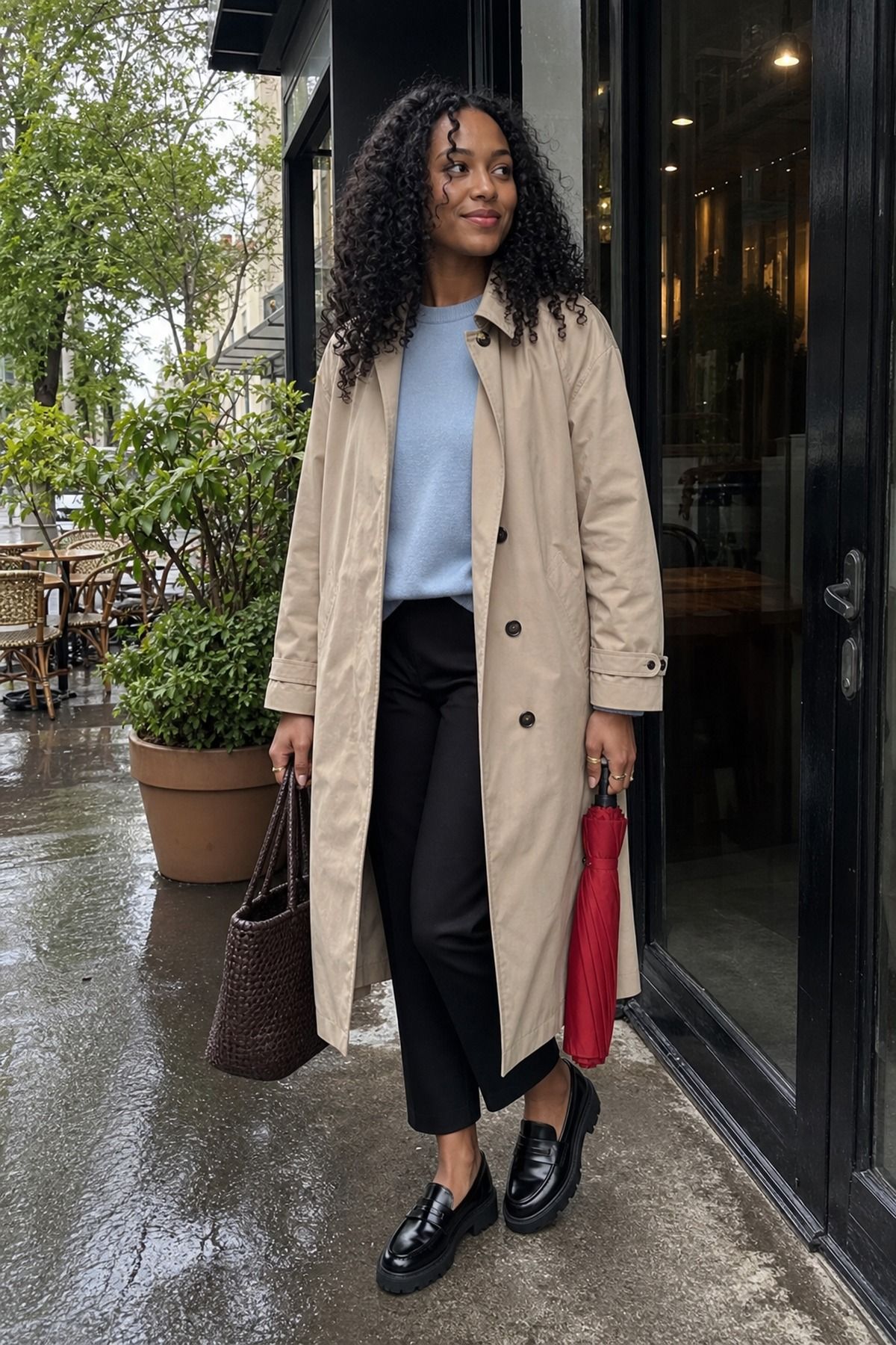 Woman wearing a trench coat with black ankle pants and loafers, a spring rainy day outfit