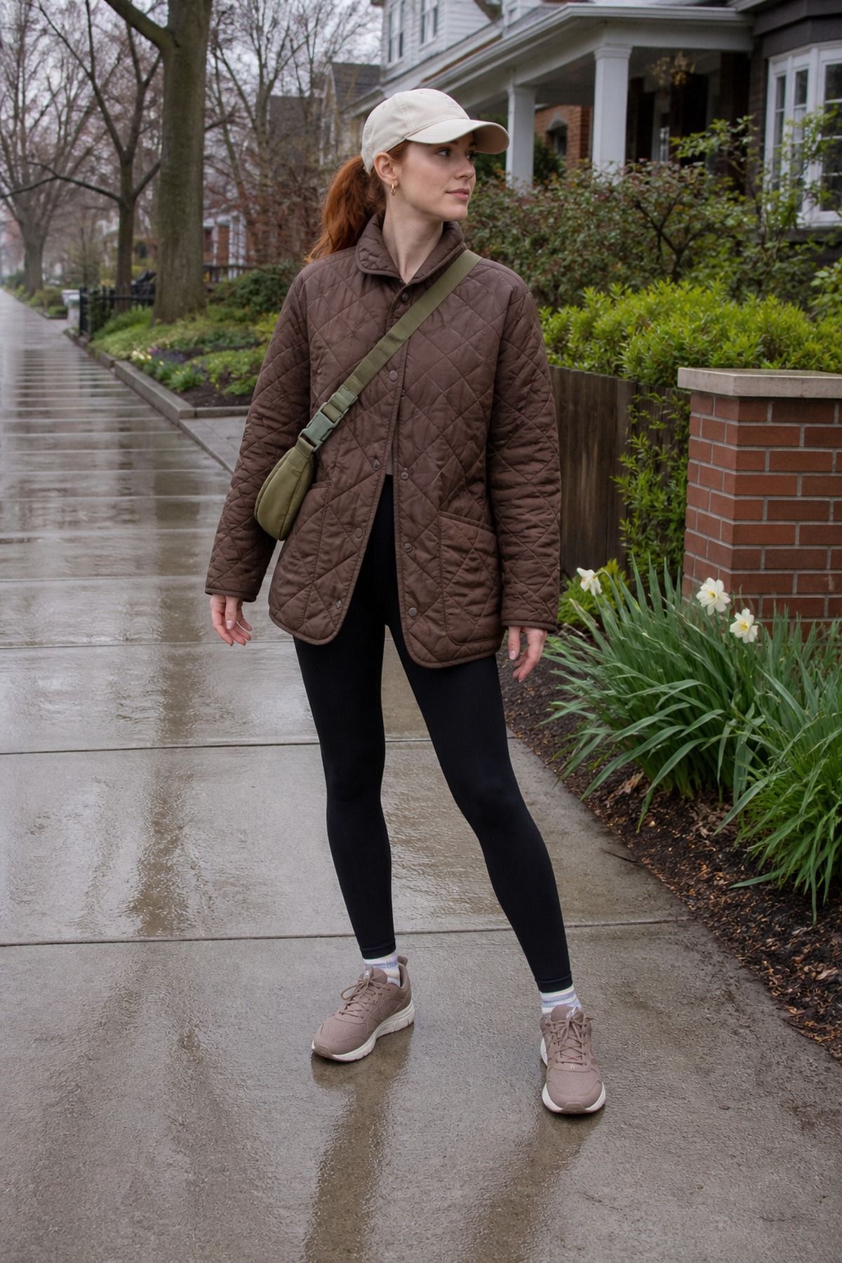 Woman wearing a quilted jacket with leggings and waterproof sneakers, a spring rainy day outfit