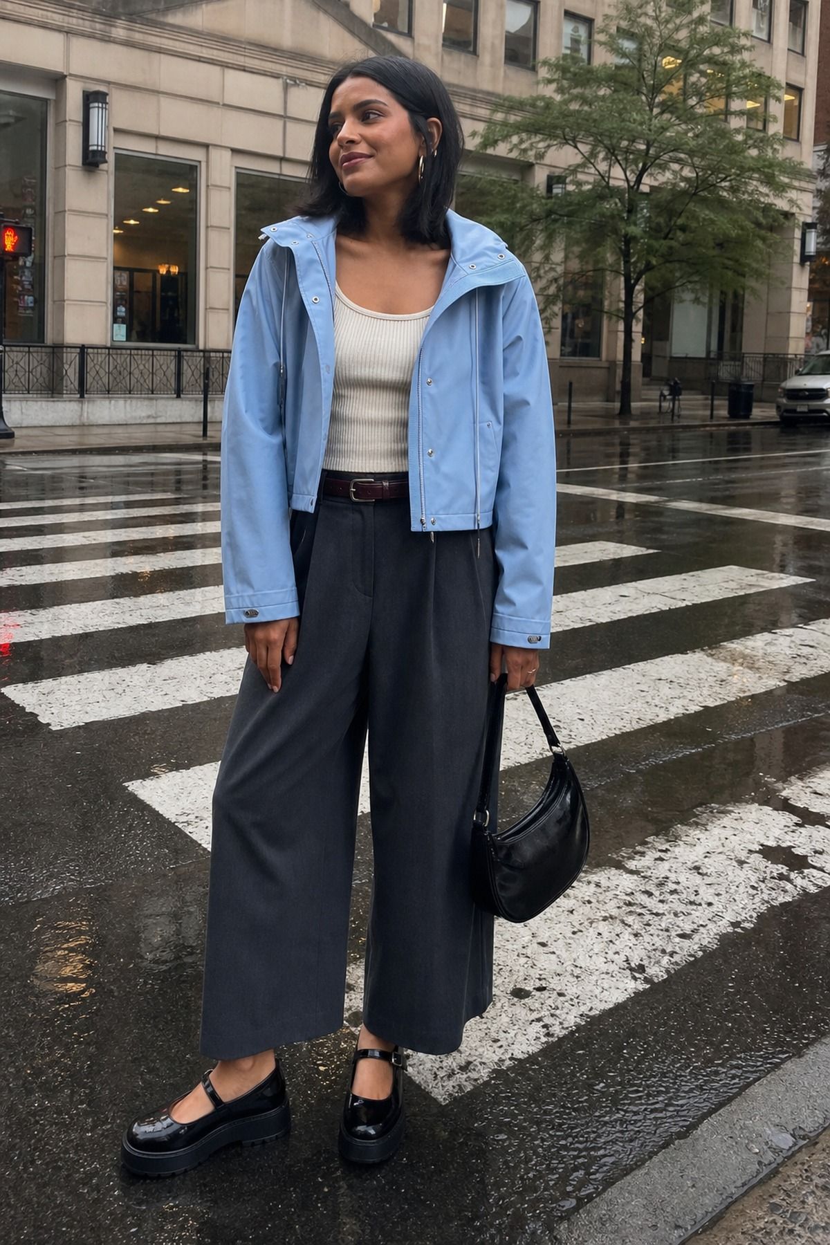Woman wearing a cropped raincoat with wide leg trousers, a spring rainy day outfit