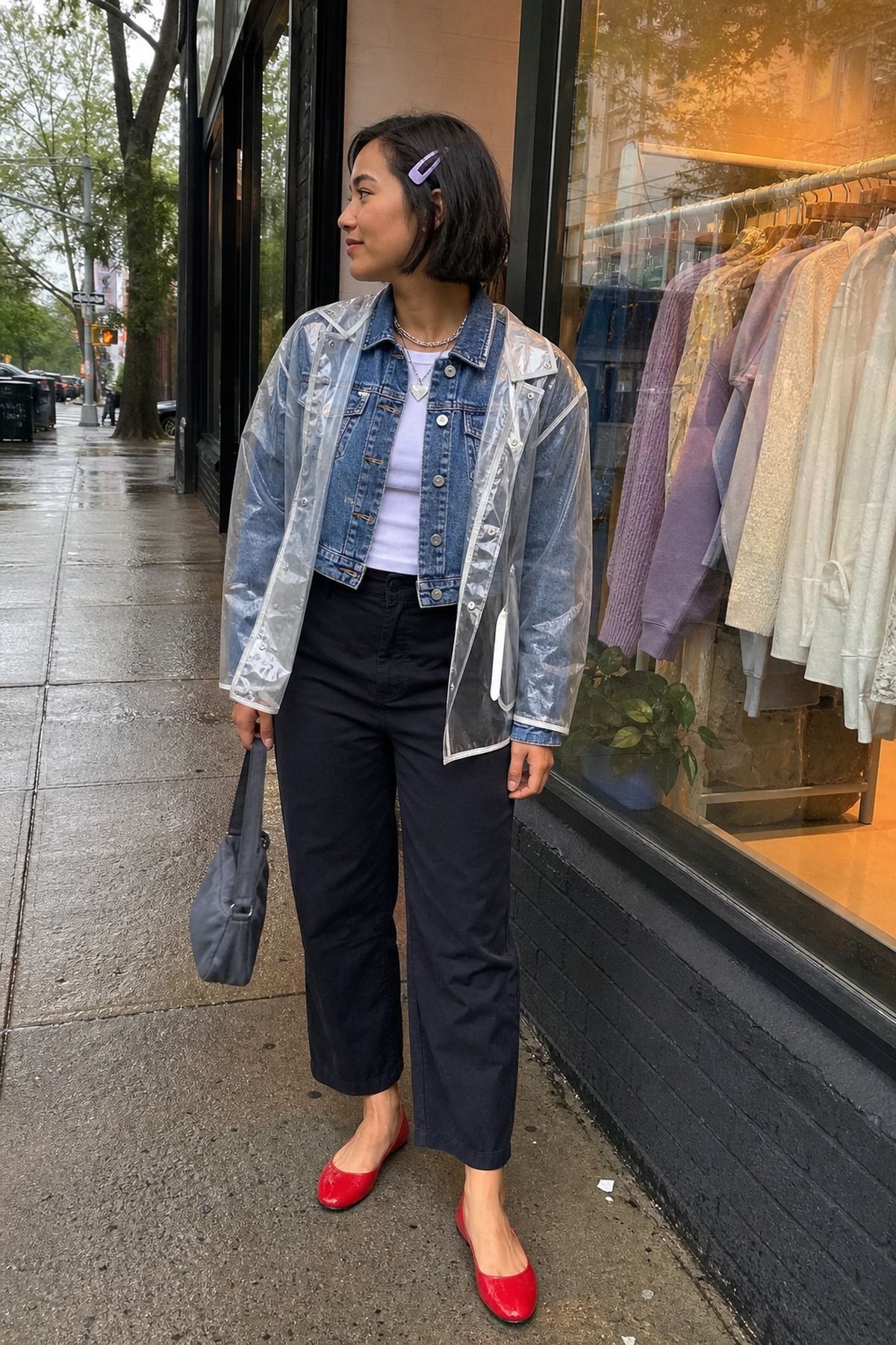 Woman wearing a denim jacket under a clear rain shell, a spring rainy day outfit