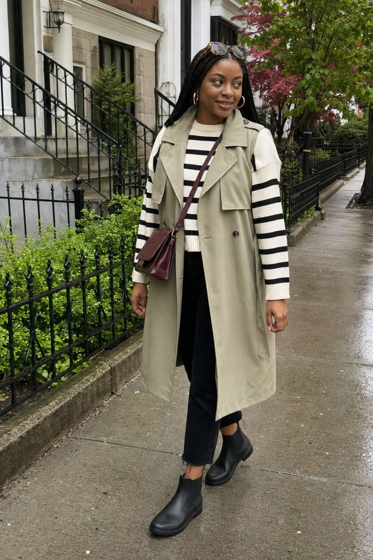 Woman wearing a striped sweater with black jeans and Chelsea rain boots, a spring rainy day outfit