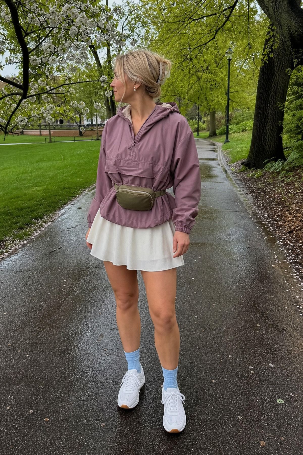 Woman wearing a lightweight anorak with a tennis skirt and crew socks, a spring rainy day outfit