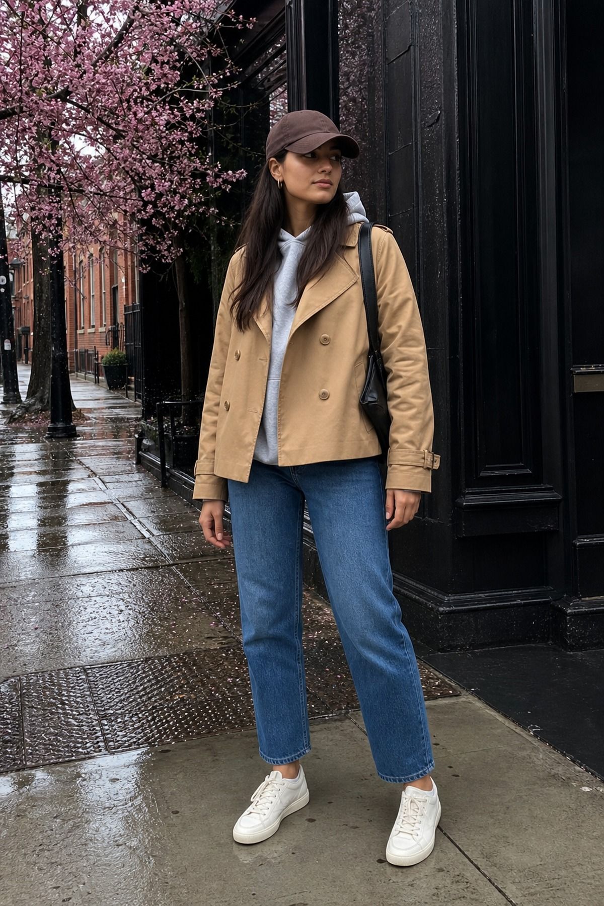 Woman wearing a short trench with a hoodie and straight leg jeans, a spring rainy day outfit