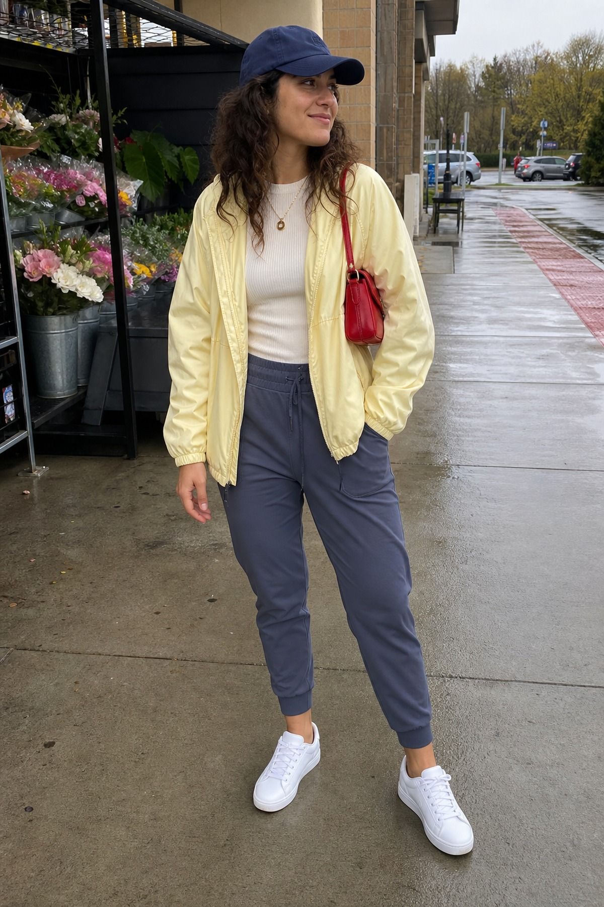 Woman wearing a windbreaker with joggers and a baseball cap, a spring rainy day outfit
