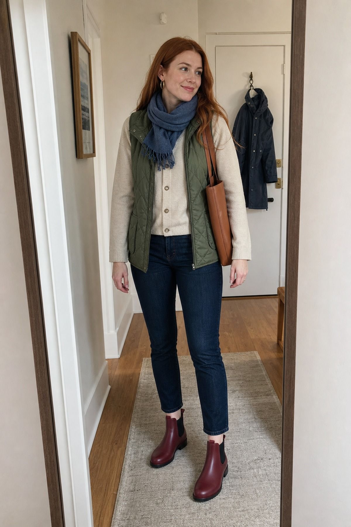 Woman wearing a cardigan with a waterproof vest and slim jeans, a spring rainy day outfit