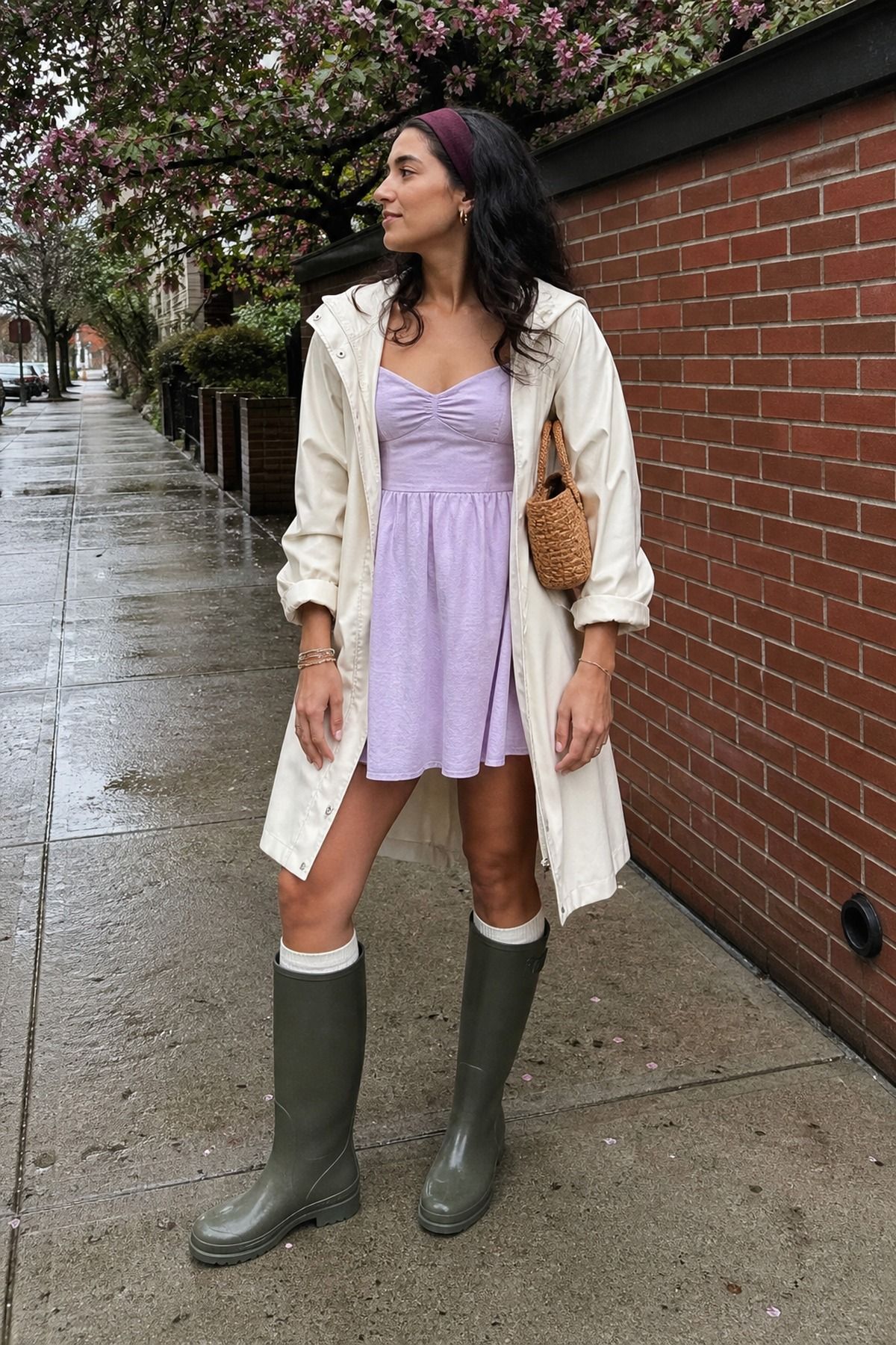 Woman wearing rain boots with a cotton mini dress and long coat, a spring rainy day outfit