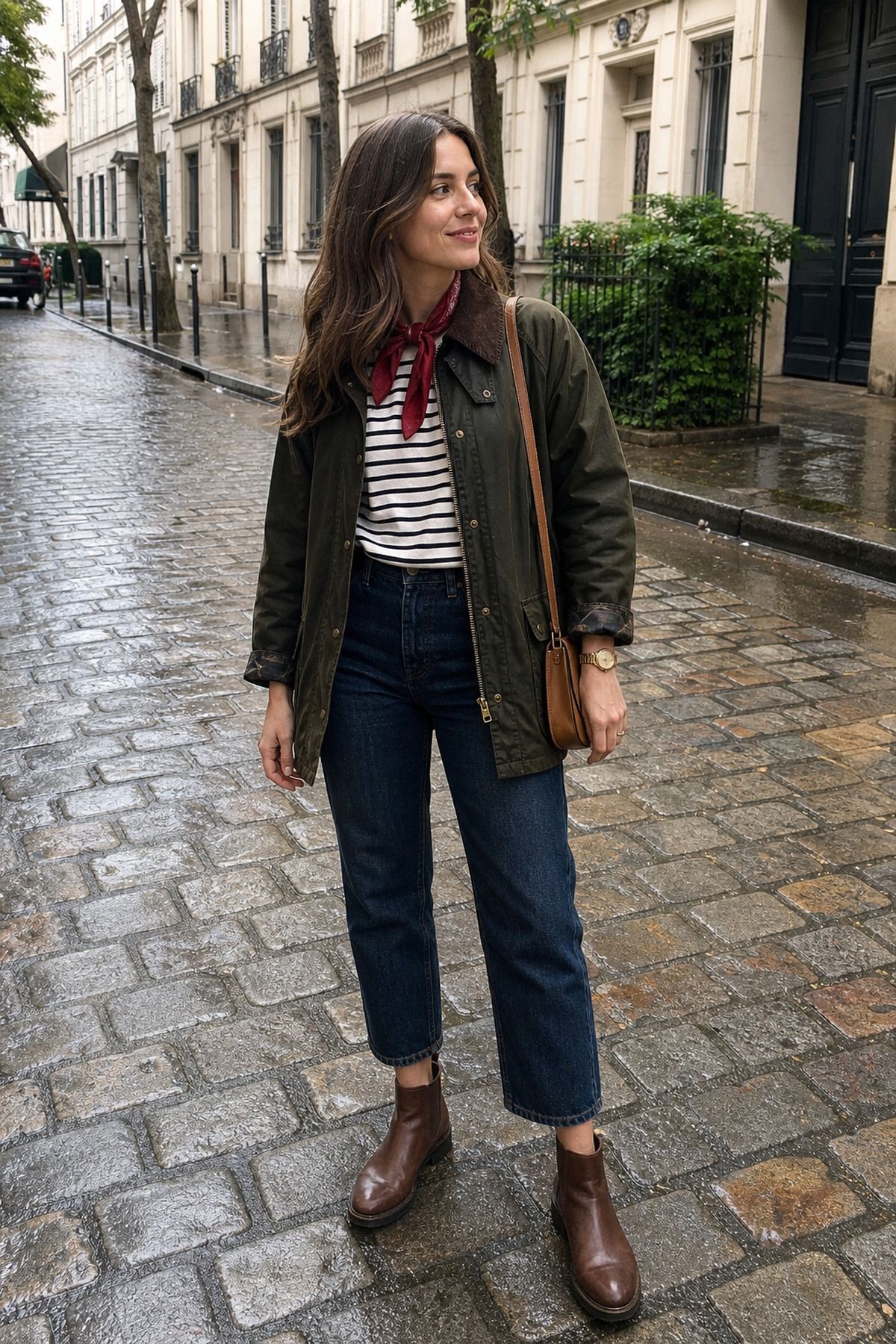 Woman wearing a waxed jacket with a striped tee and dark denim, a spring rainy day outfit