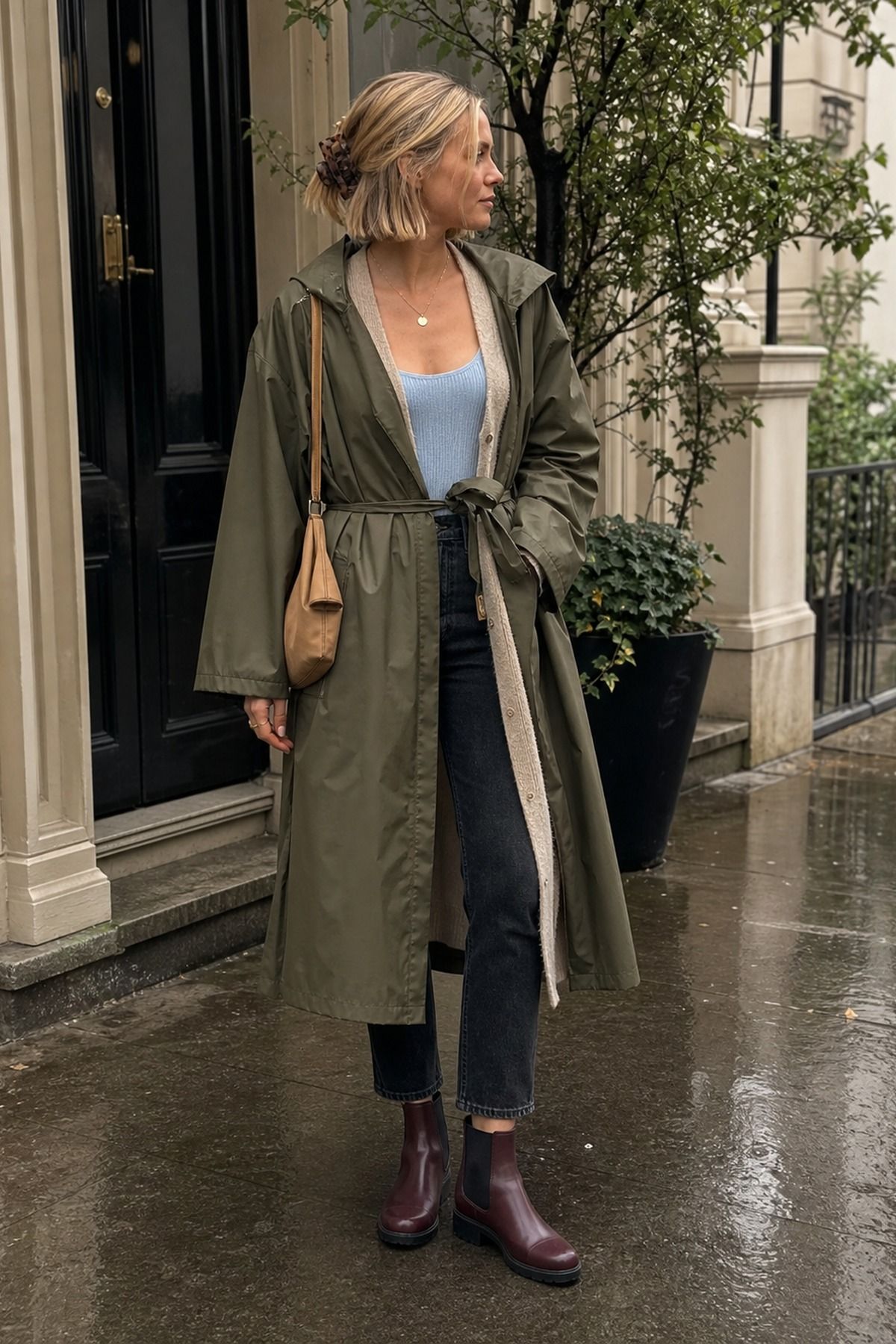 Woman wearing a long cardigan under a belted raincoat, a spring rainy day outfit