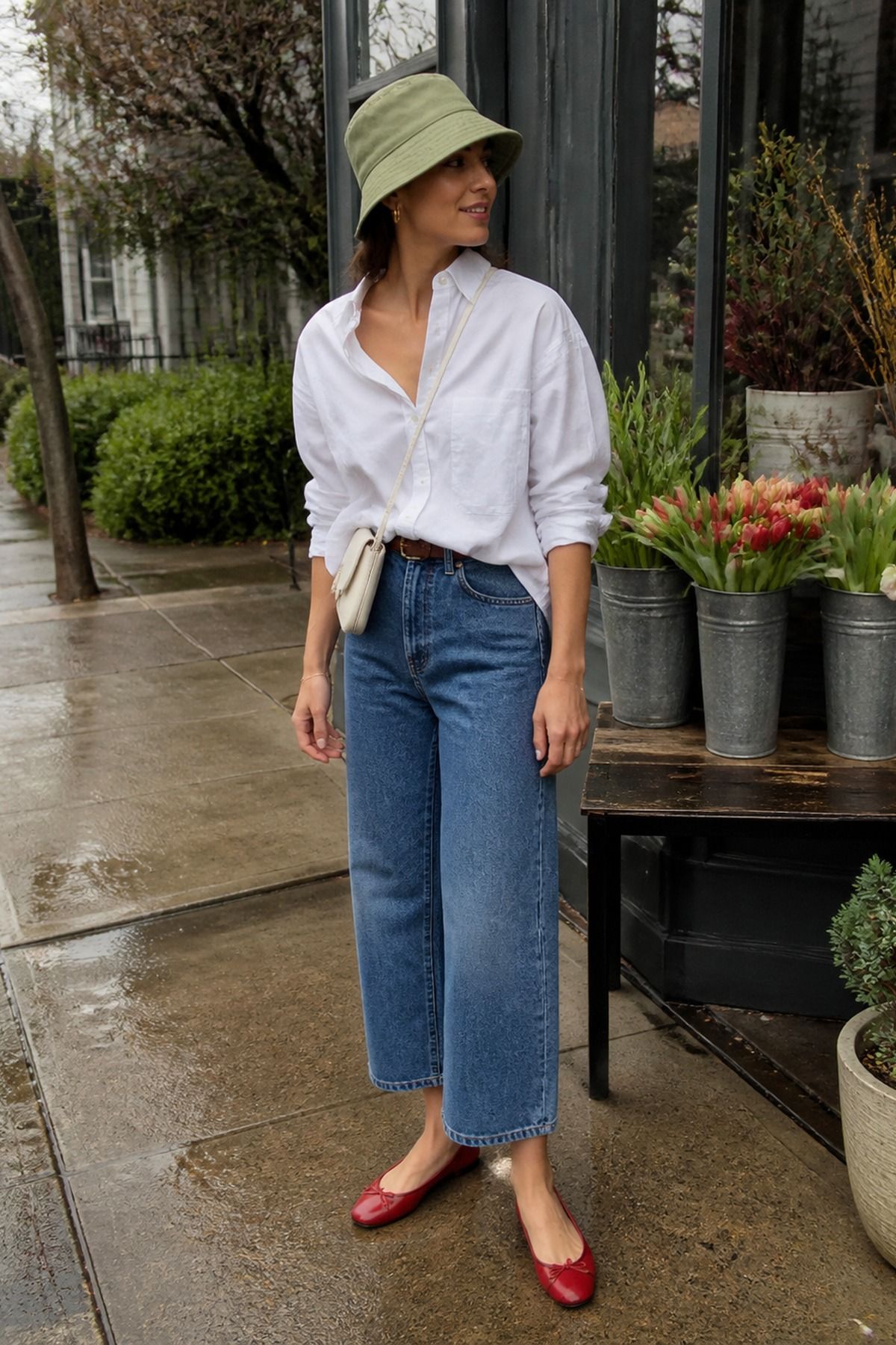 Woman wearing a button down shirt with a rain hat and barrel jeans, a spring rainy day outfit