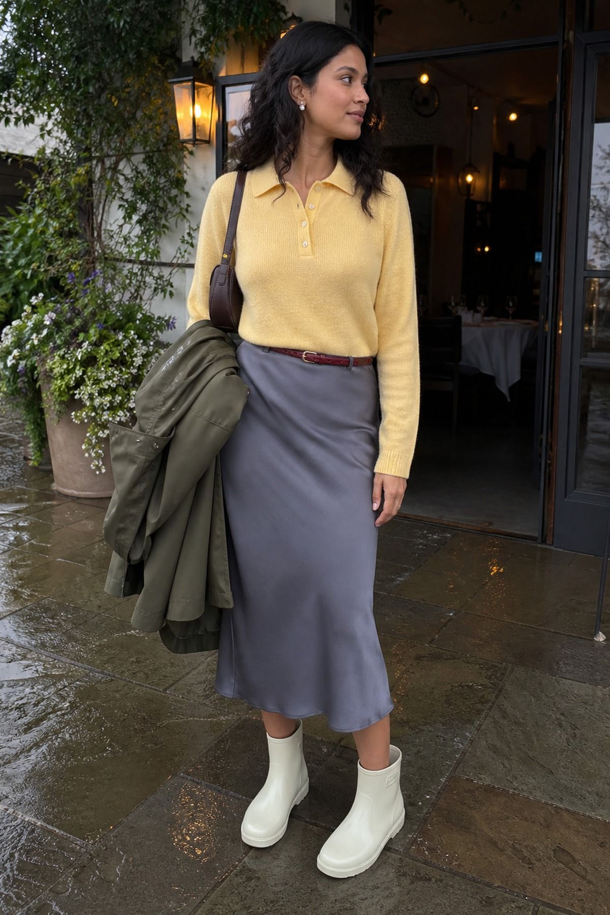 Woman wearing a knit polo with a midi skirt and short rain boots, a spring rainy day outfit