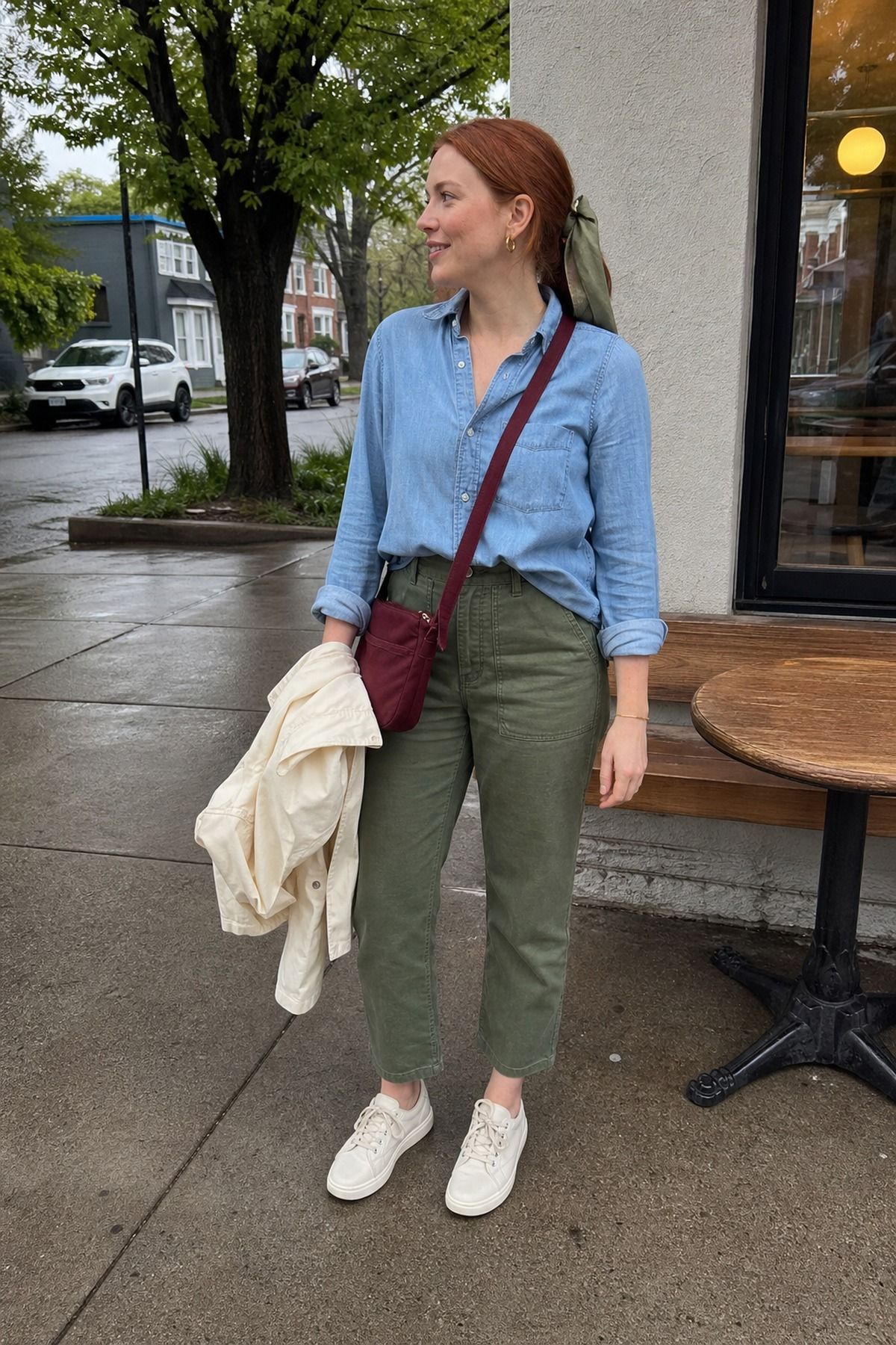 Woman wearing a chambray shirt with utility pants and a nylon crossbody, a spring rainy day outfit