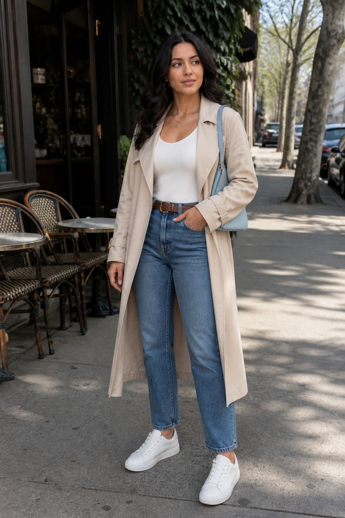 White leather sneakers with a trench and jeans outfit idea for 16 Best Spring Sneakers Outfit Ideas That Still Look Put Together.