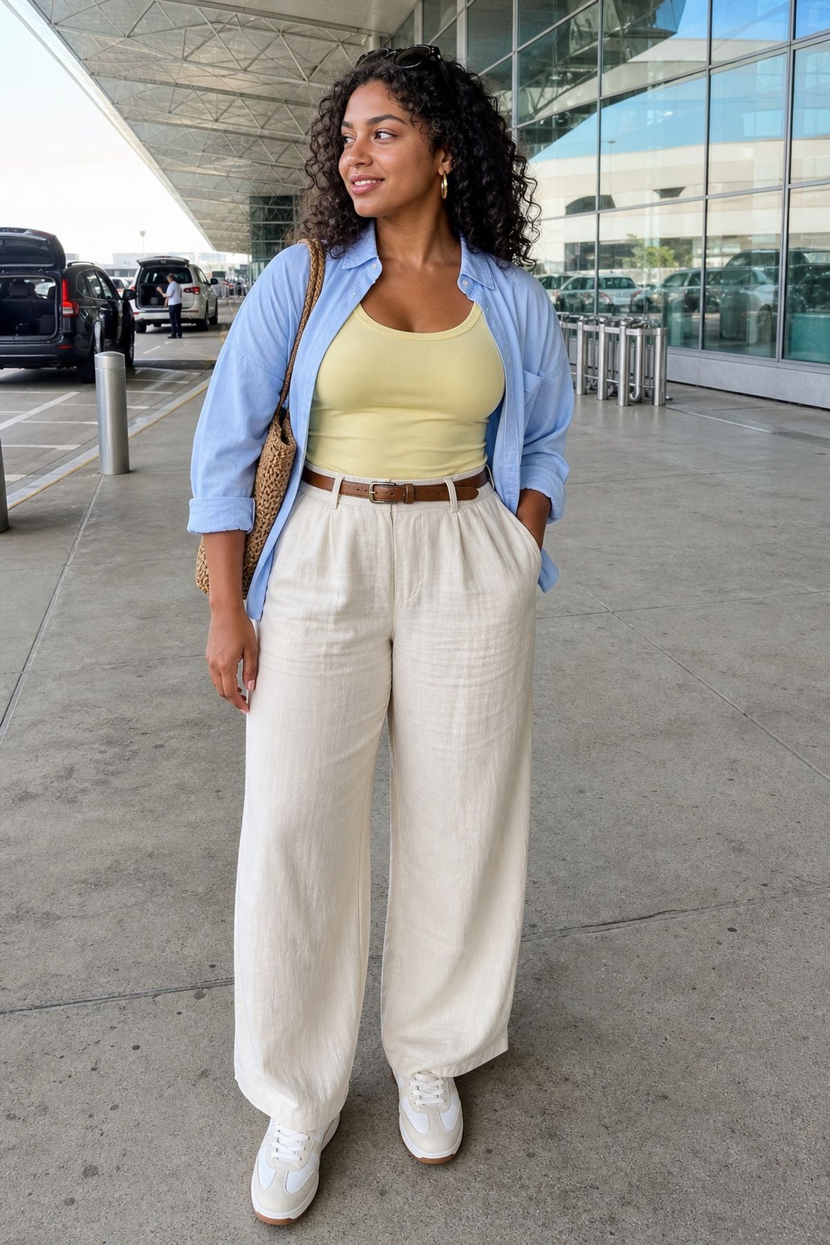 Woman wearing linen pants with a cotton tank, a summer airport outfit
