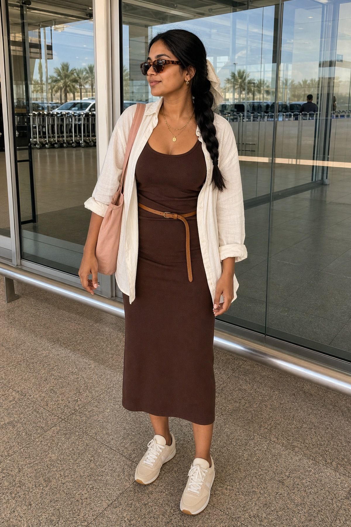 Woman wearing a tank dress with a linen shirt, a summer airport outfit