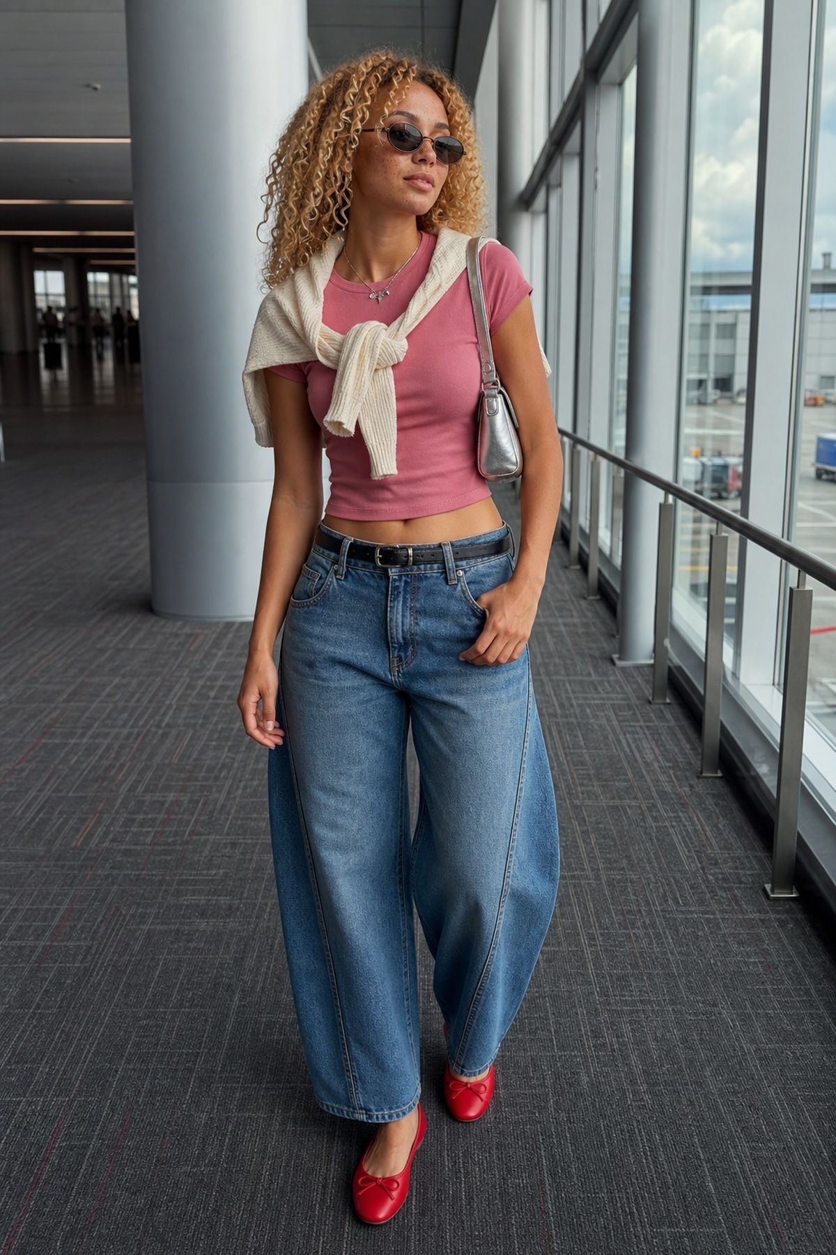 Woman wearing wide-leg jeans with a baby tee, a summer airport outfit